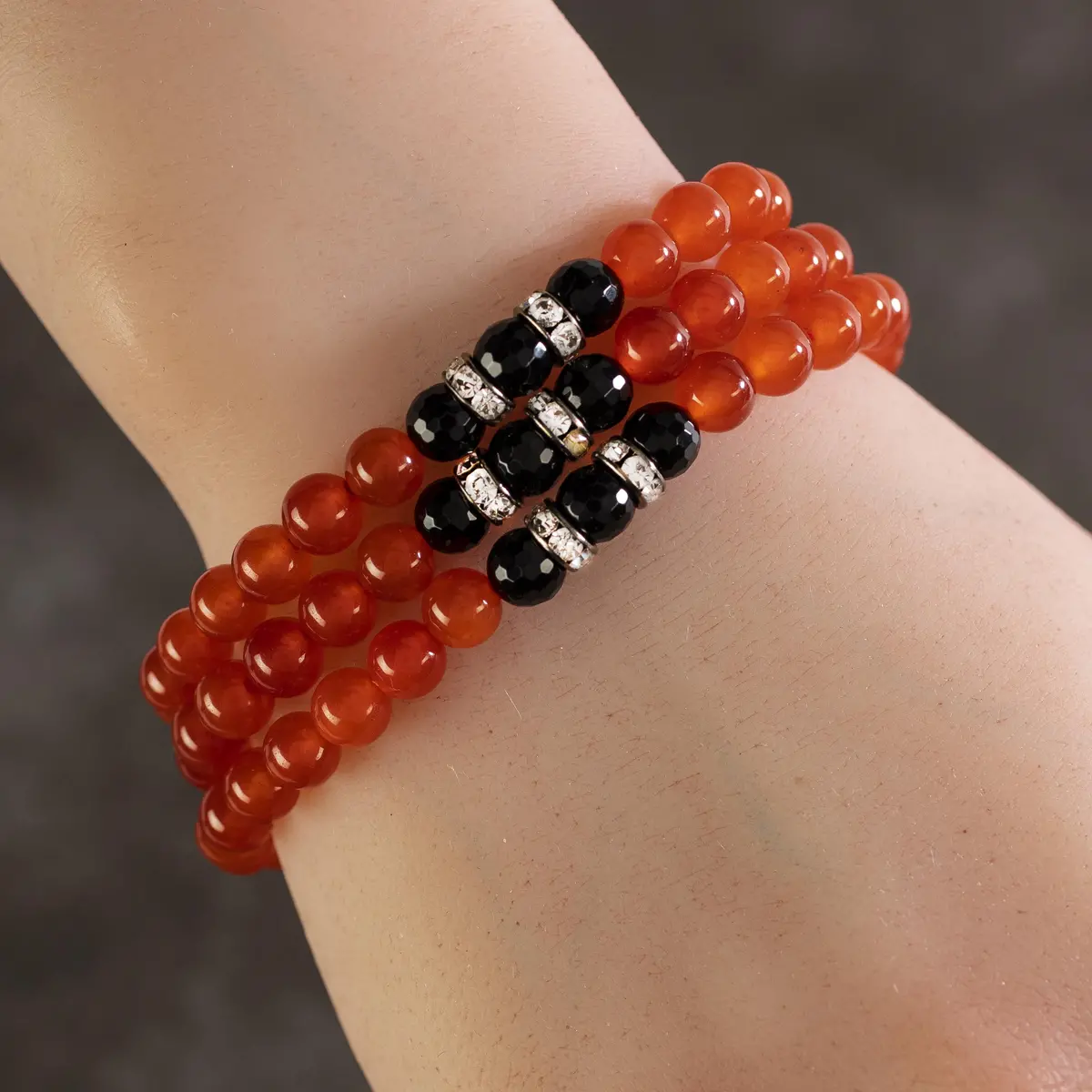Red Agate 6Mm Beads With Black Agate And Silver Crystal Accent Beads Triple Wrap Elastic Gemstone Bracelet 1