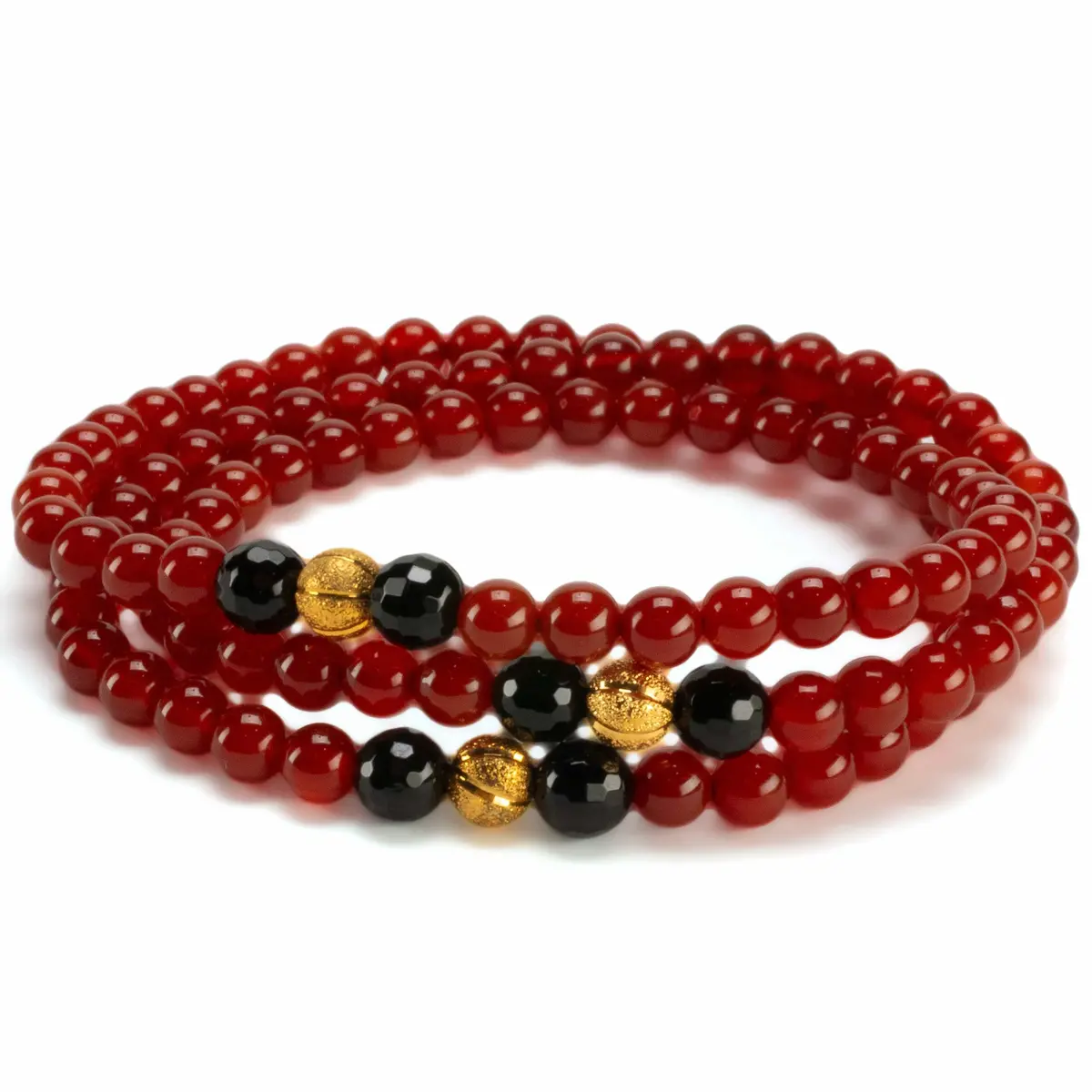 Red Agate 6Mm Beads With Black Agate & Gold Accent Beads Triple Wrap Gemstone Elastic Bracelet 1