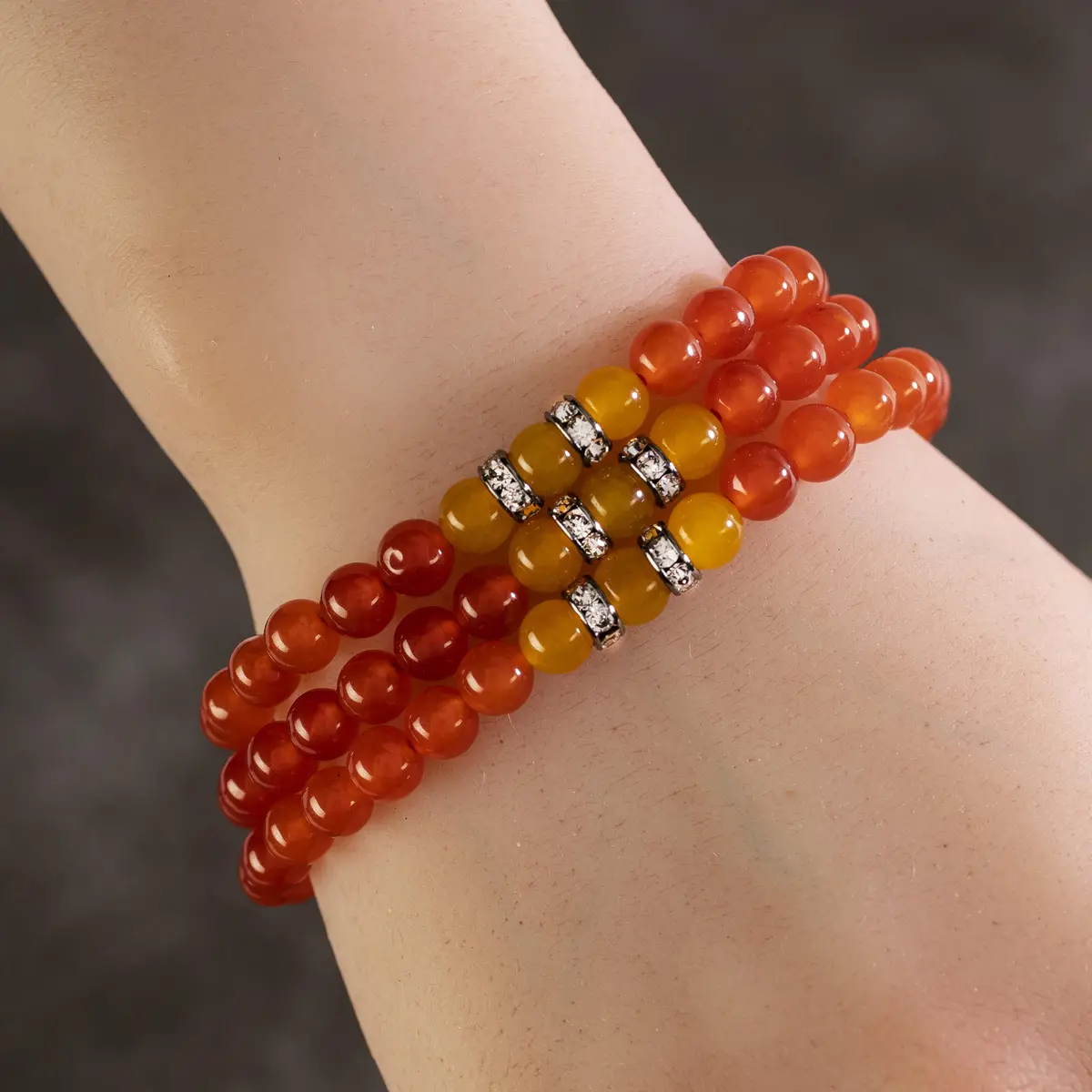Red Agate 6Mm Beads With Yellow Agate And Silver Crystal Accent Beads Triple Wrap Elastic Gemstone Bracelet 1