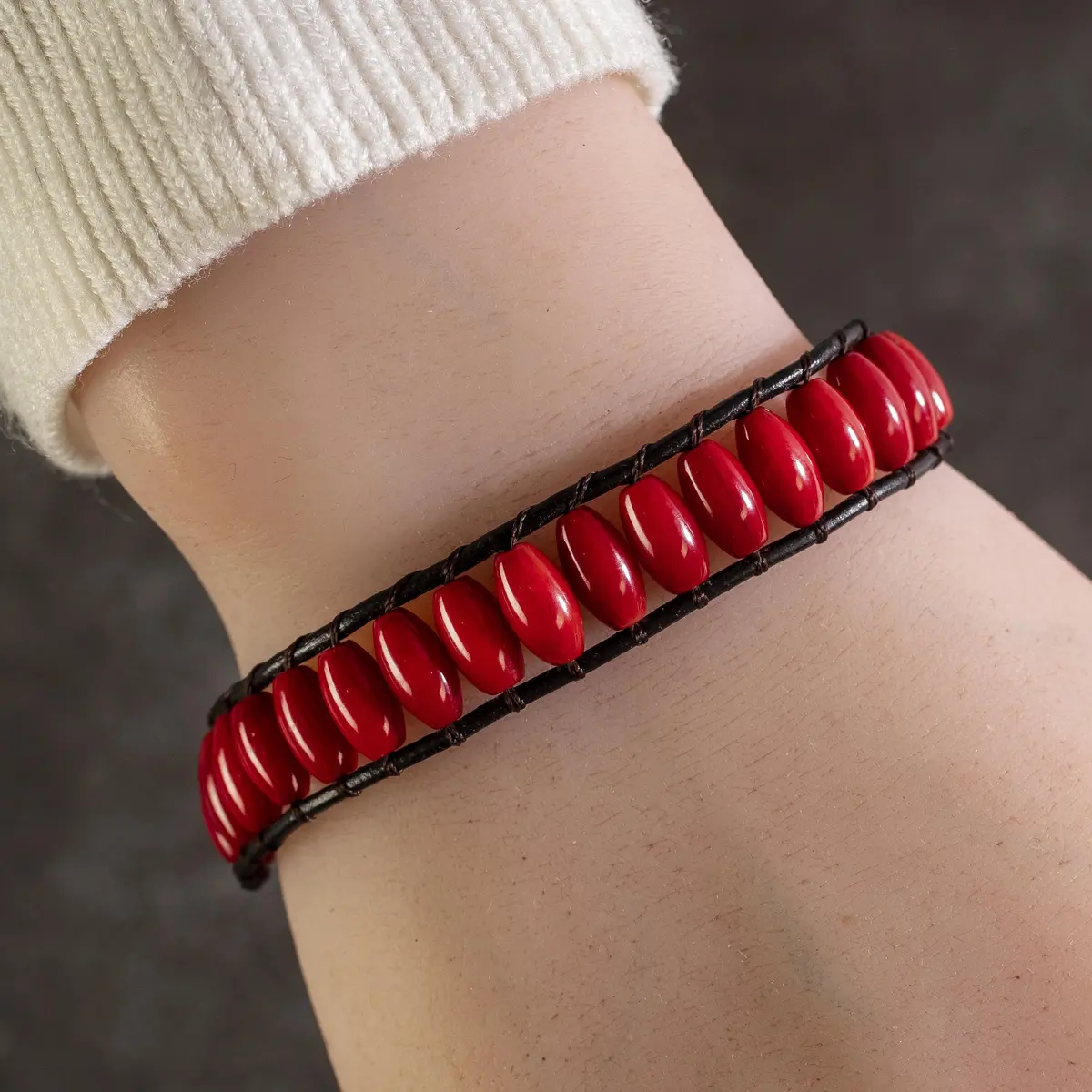 Red Coral Leather Rope Wrap Bracelet 1