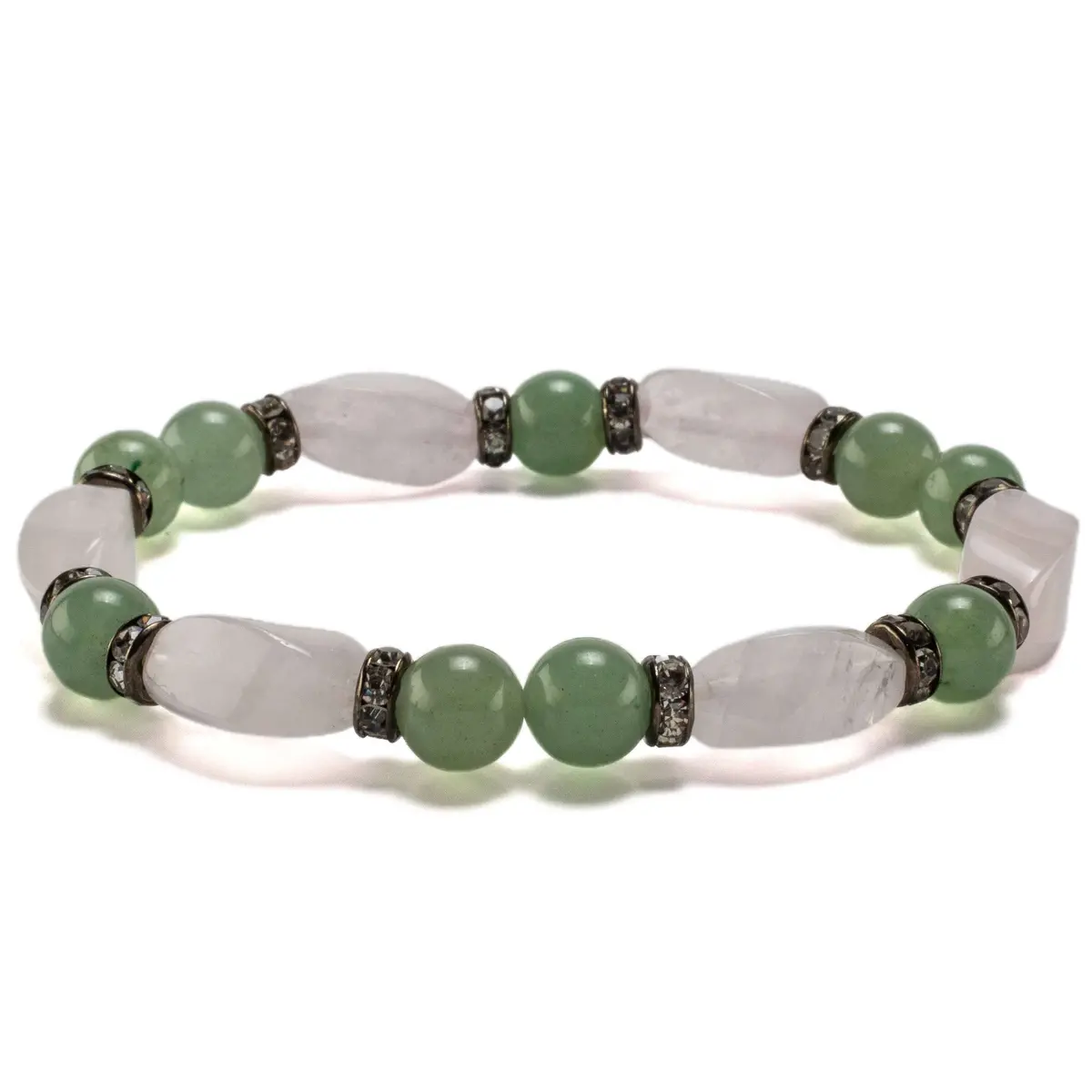 Rose Quartz Twisted Bead And Round Aventurine With Crystal Accent Beads Gemstone Elastic Bracelet 1
