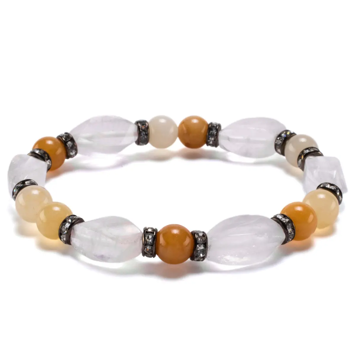 Rose Quartz Twisted Bead And Round Butter Jade With Crystal Accent Beads Gemstone Elastic Bracelet 1