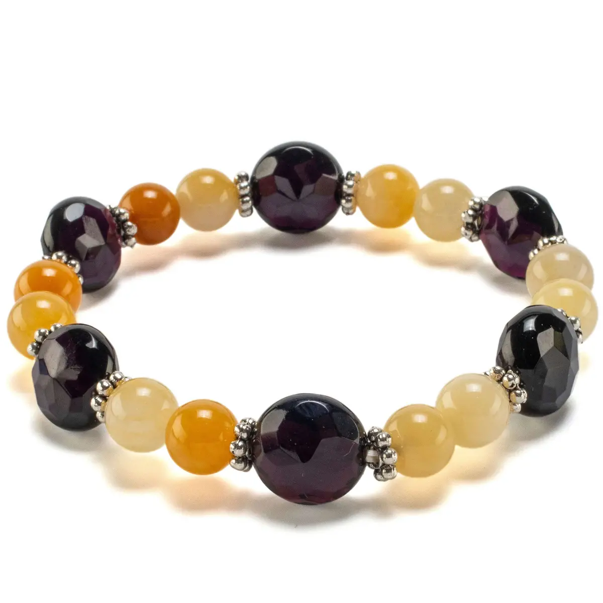 Round Butter Jade And Faceted Flat Circle Black Agate With Accent Beads Gemstone Elastic Bracelet 1