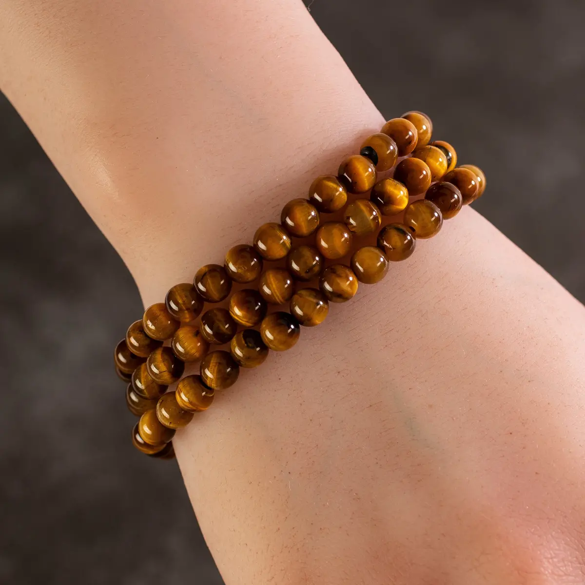 Tiger Eye 6Mm Gemstone Bead Triple Wrap Elastic Bracelet 1