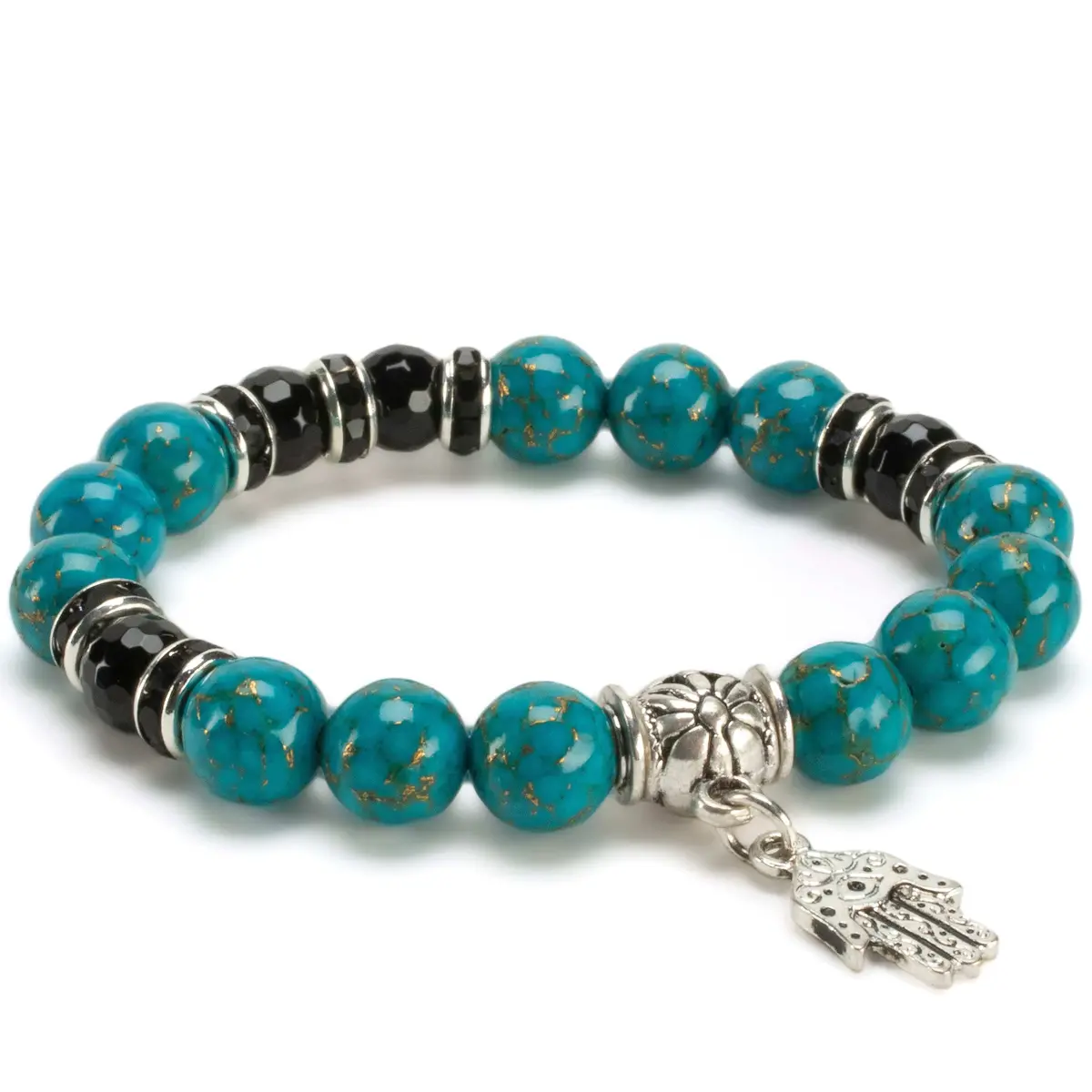 Turquoise 10Mm Gemstone Elastic Bead Bracelet With Hamsa Charm & Black Agate Accent Beads 1