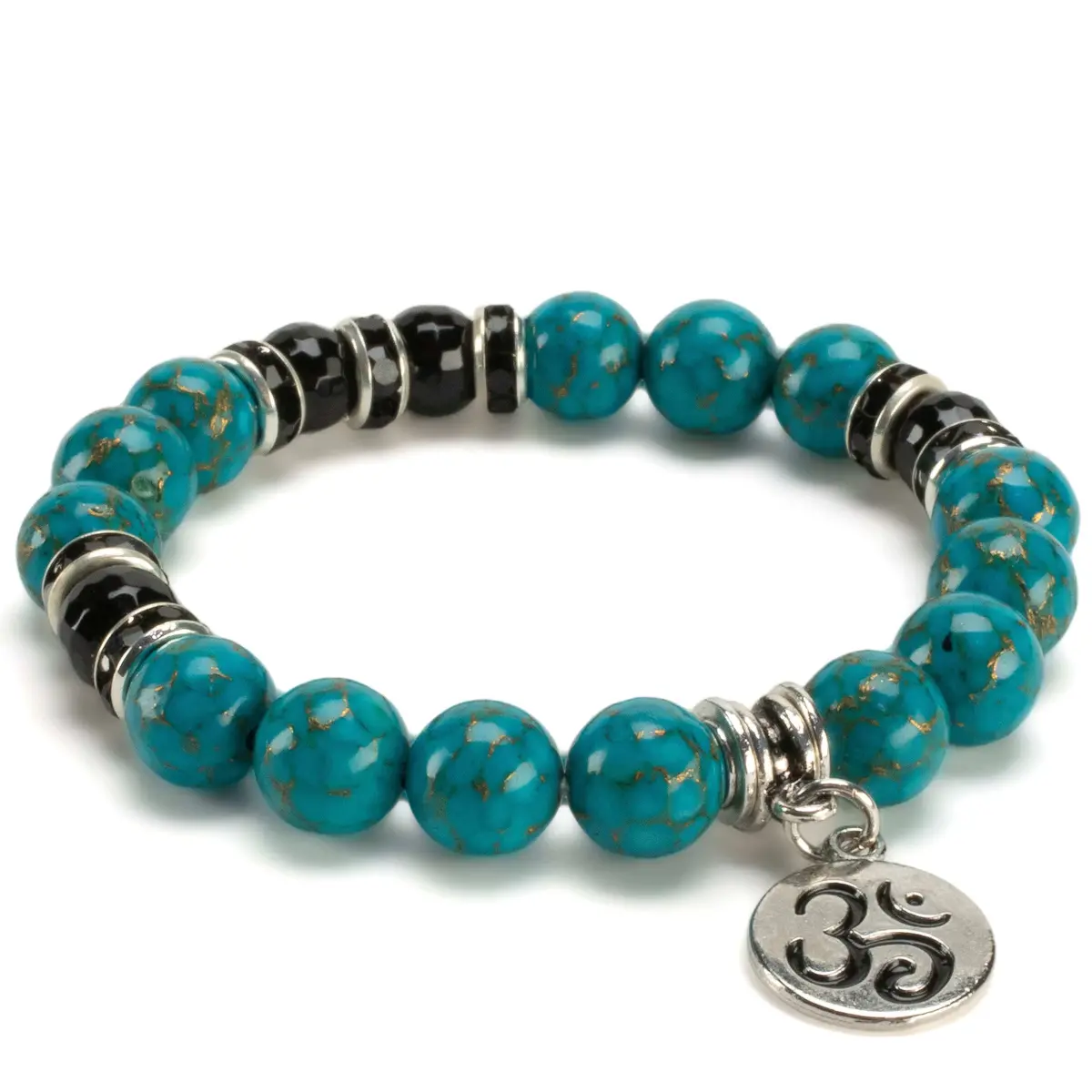 Turquoise 10Mm Gemstone Elastic Bead Bracelet With Ohm Charm & Black Agate Accent Beads 1