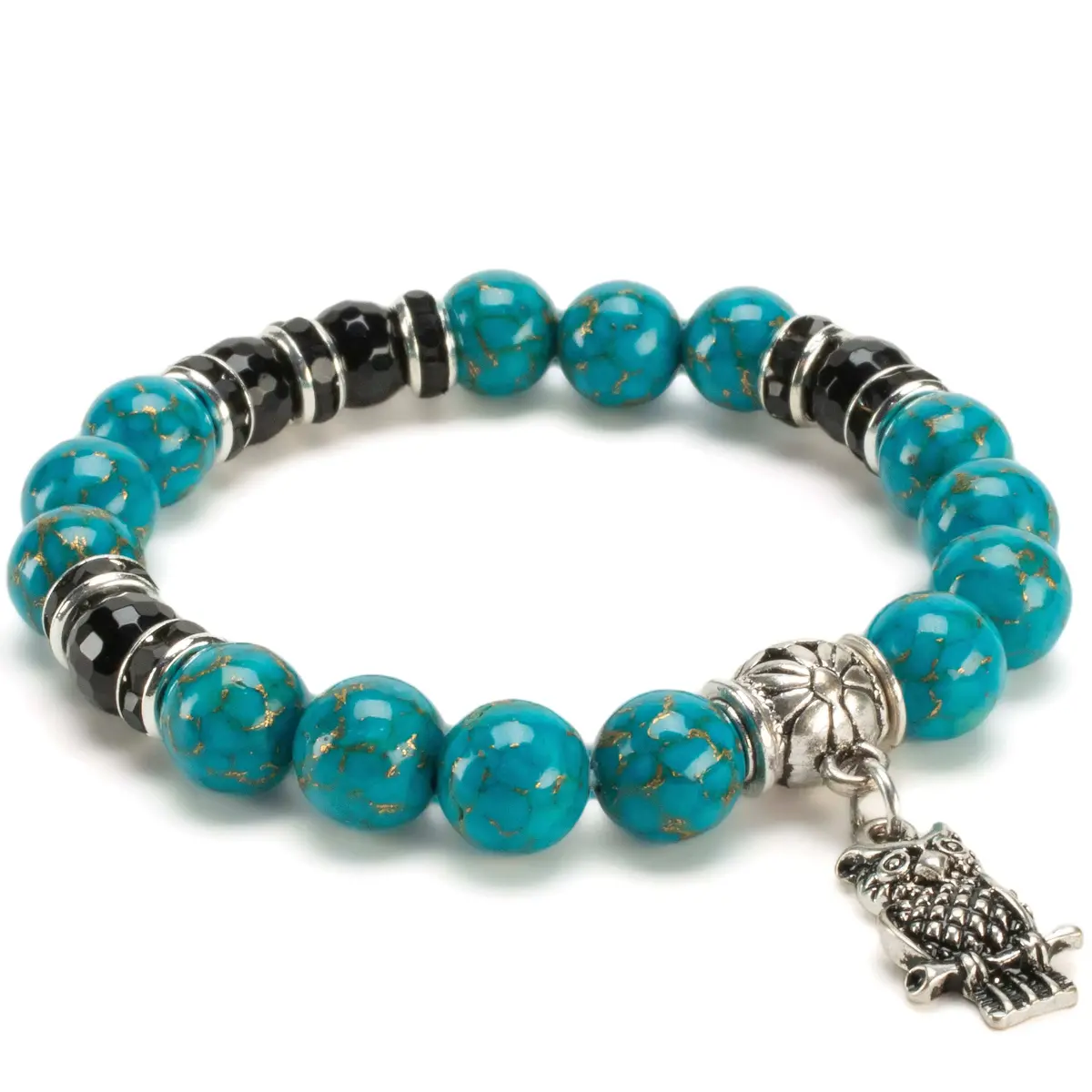 Turquoise 10Mm Gemstone Elastic Bead Bracelet With Owl Accent Bead 1