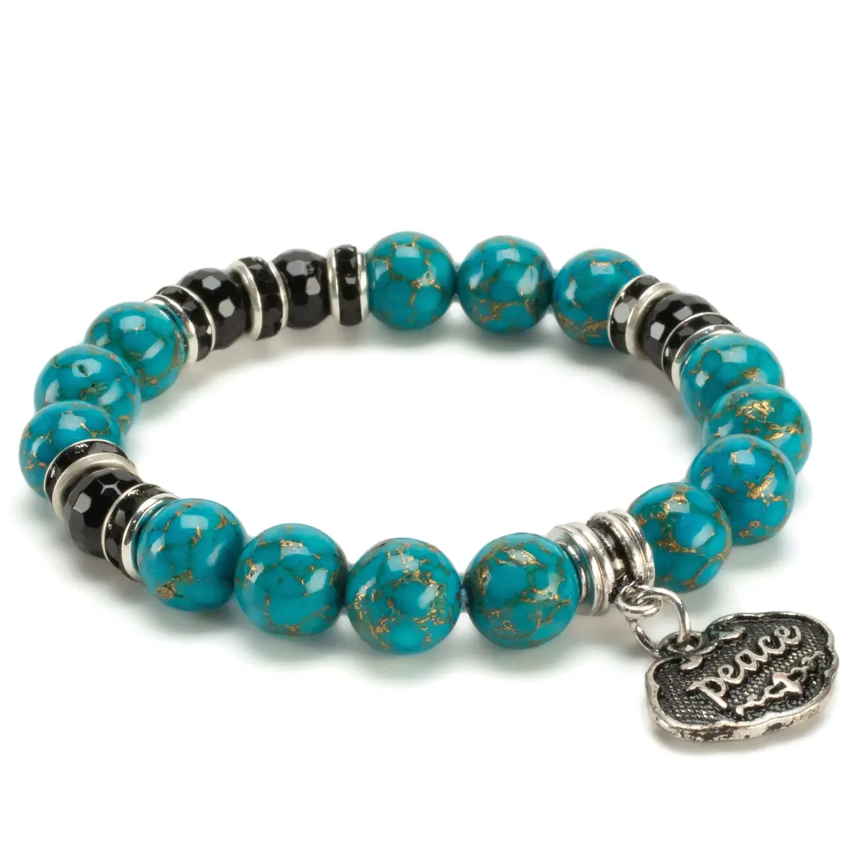 Turquoise 10Mm Gemstone Elastic Bead Bracelet With Peace & Black Agate Accent Beads 1
