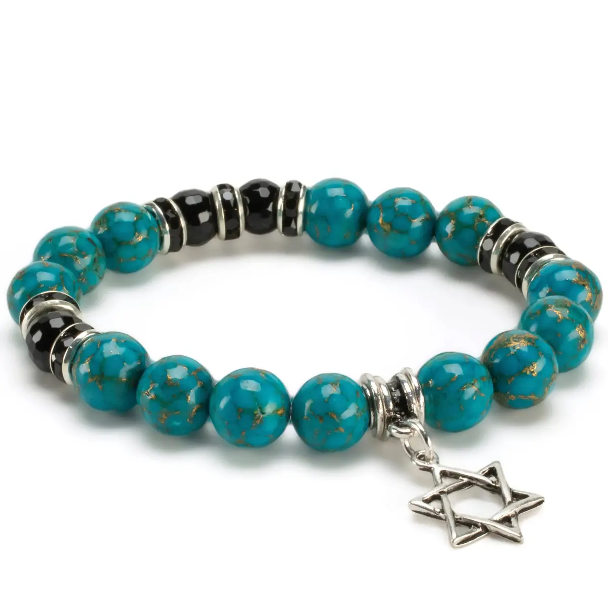 Turquoise 10Mm Gemstone Elastic Bead Bracelet With Star Of David Charm & Black Agate Accent Beads 1