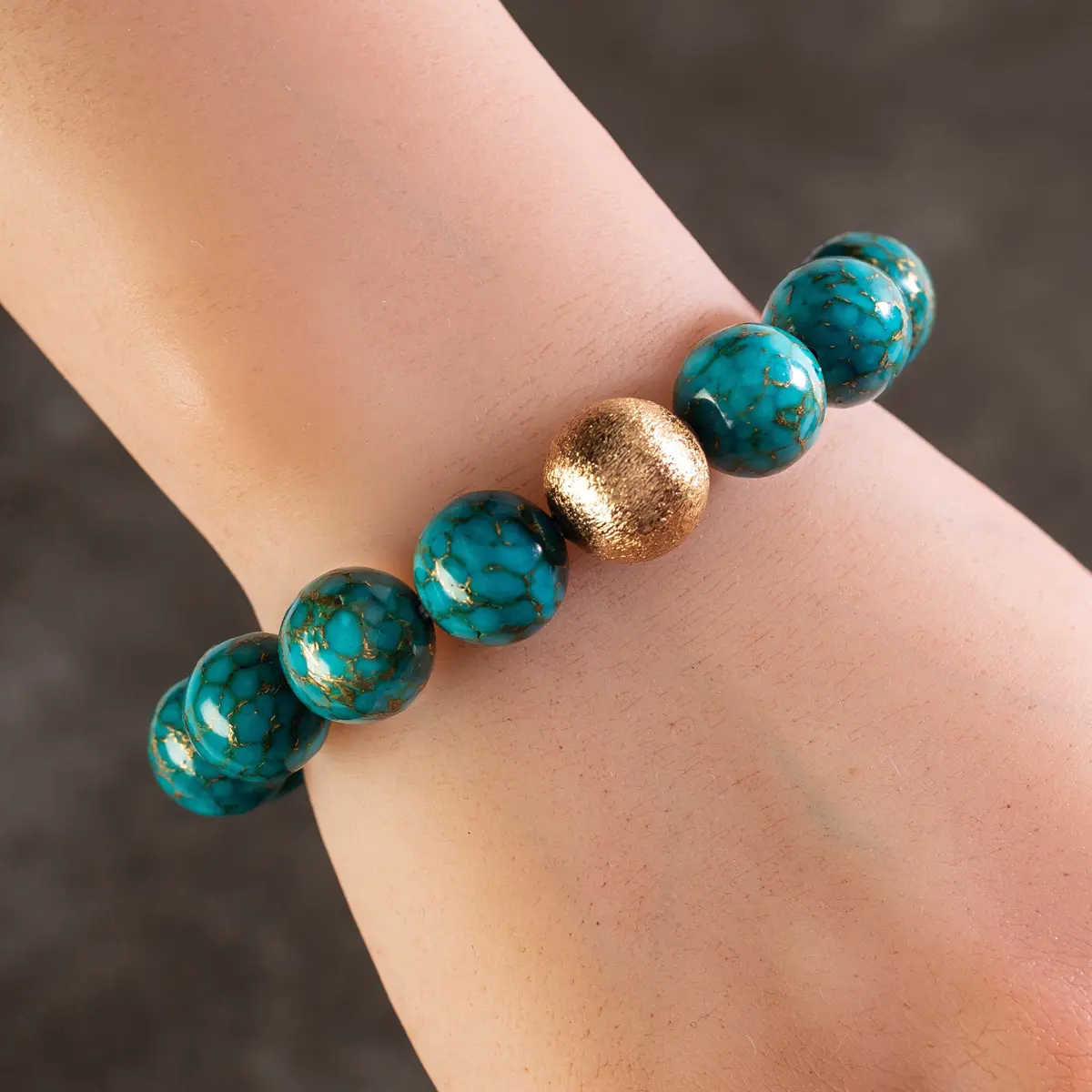 Turquoise 13Mm Gemstone Bead Bracelet With Gold Accent Bead 1