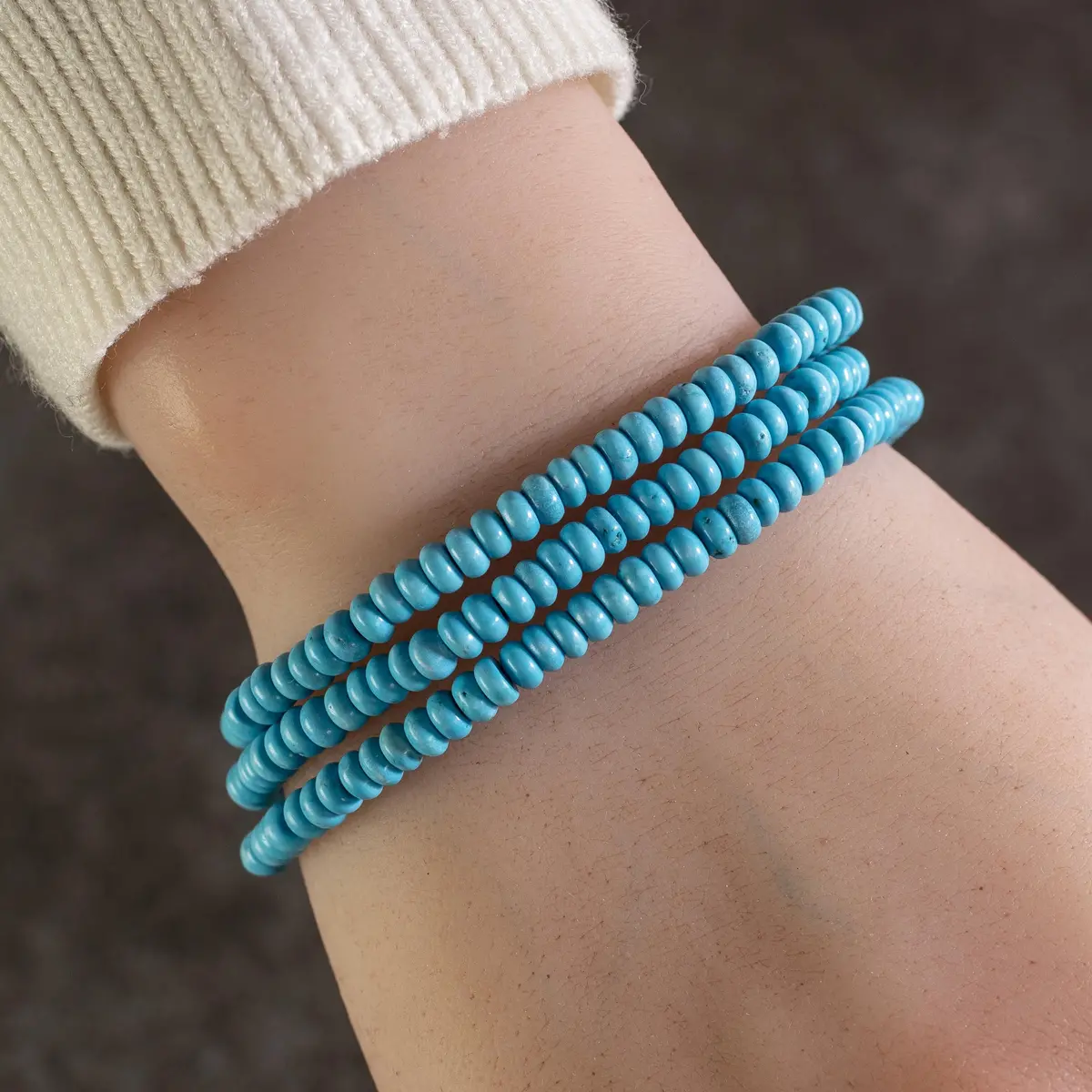 Turquoise Disc Gemstone Triple Wrap Elastic Bracelet 1