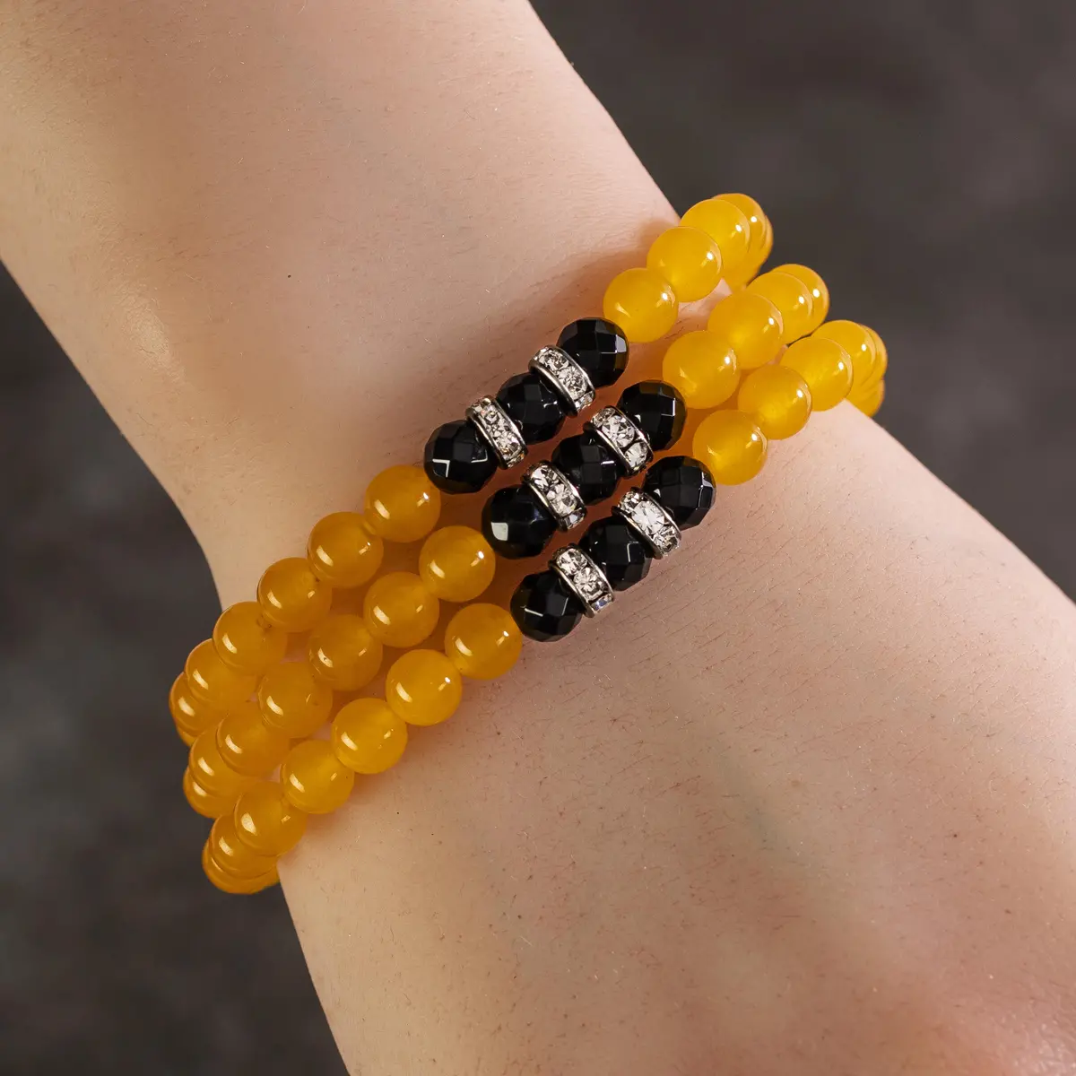 Yellow Agate 6Mm Beads With Black Agate And Silver Crystal Accent Beads Triple Wrap Elastic Gemstone Bracelet 1