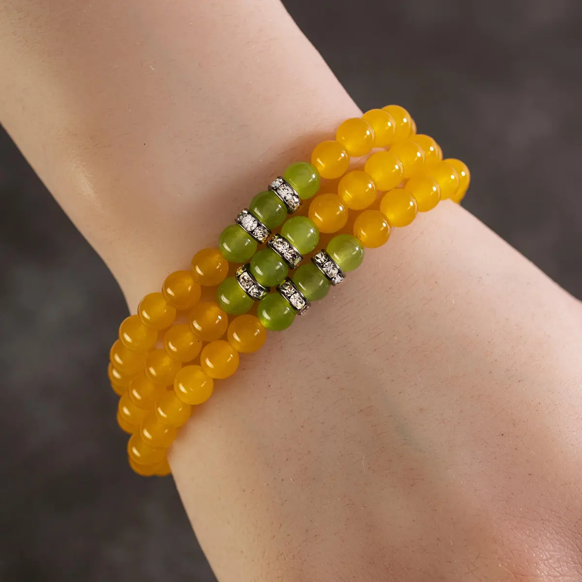 Yellow Agate 6Mm Beads With Green Agate And Silver Crystal Accent Beads Triple Wrap Elastic Gemstone Bracelet 1