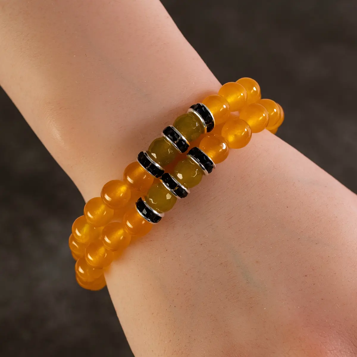 Yellow Agate 8Mm Beads With Green Agate And Black And Silver Accent Beads Double Wrap Elastic Gemstone Bracelet 1