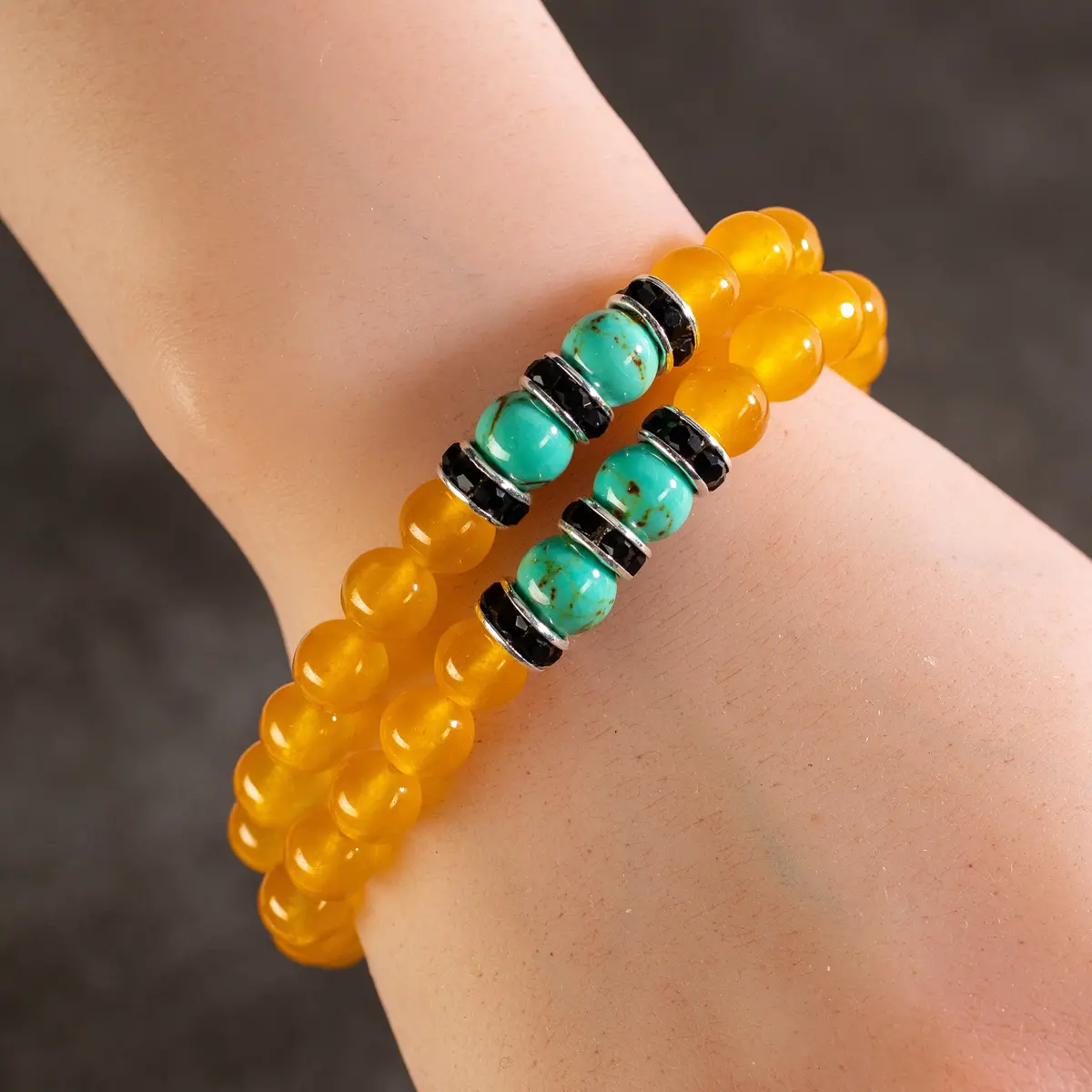 Yellow Agate 8Mm Beads With Howlite Turquoise And Black And Silver Accent Beads Double Wrap Elastic Gemstone Bracelet 1