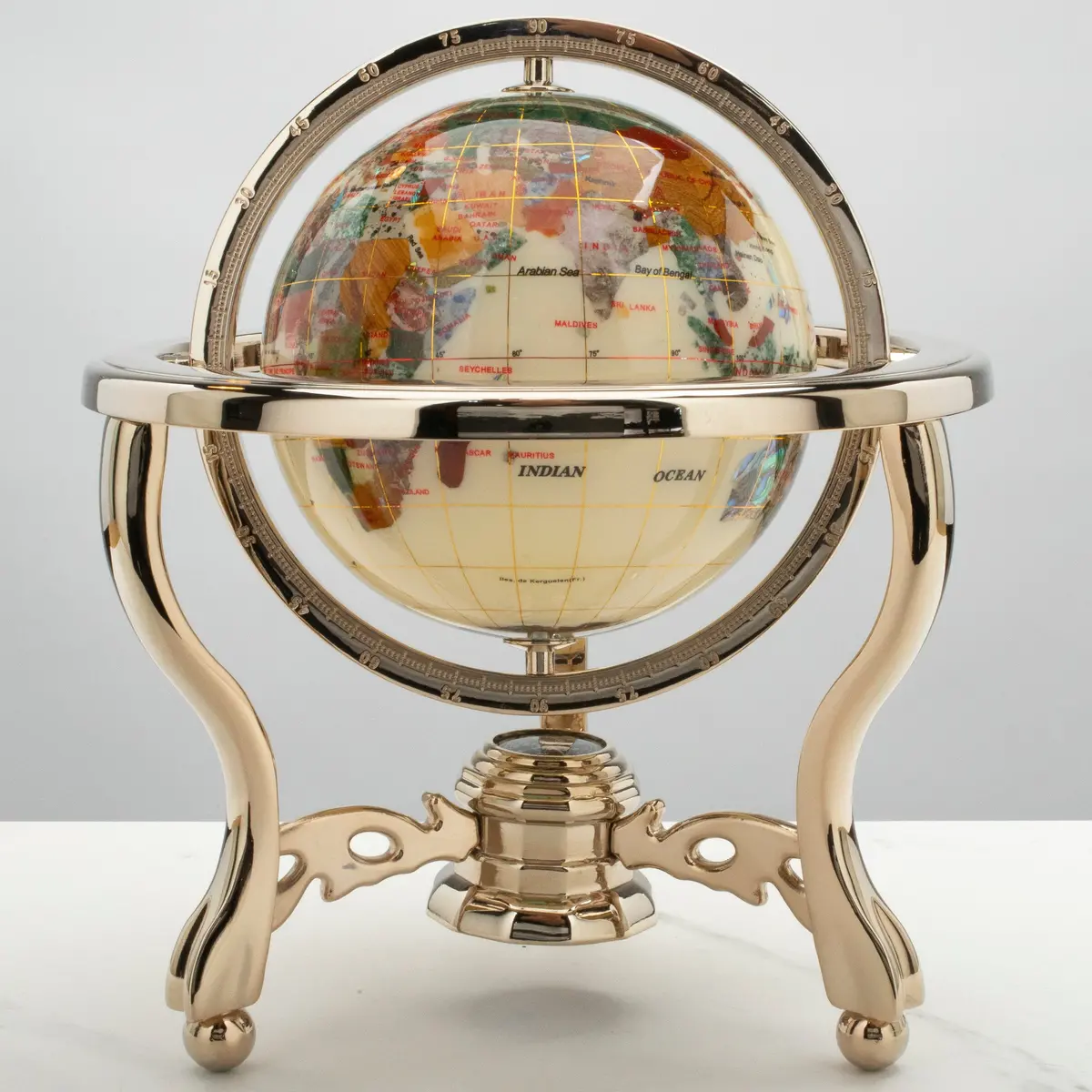 11" Tall Gemstone Globe With 6" Howlite Ocean On 24K Gold Plated Stand 1