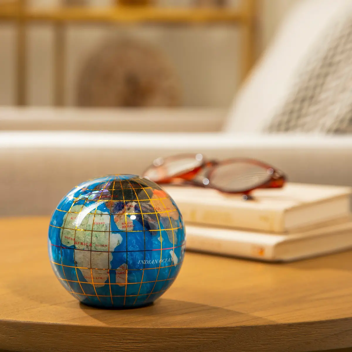 3" Gemstone Globe Paperweight With Bahama Blue Opalite Ocean 1