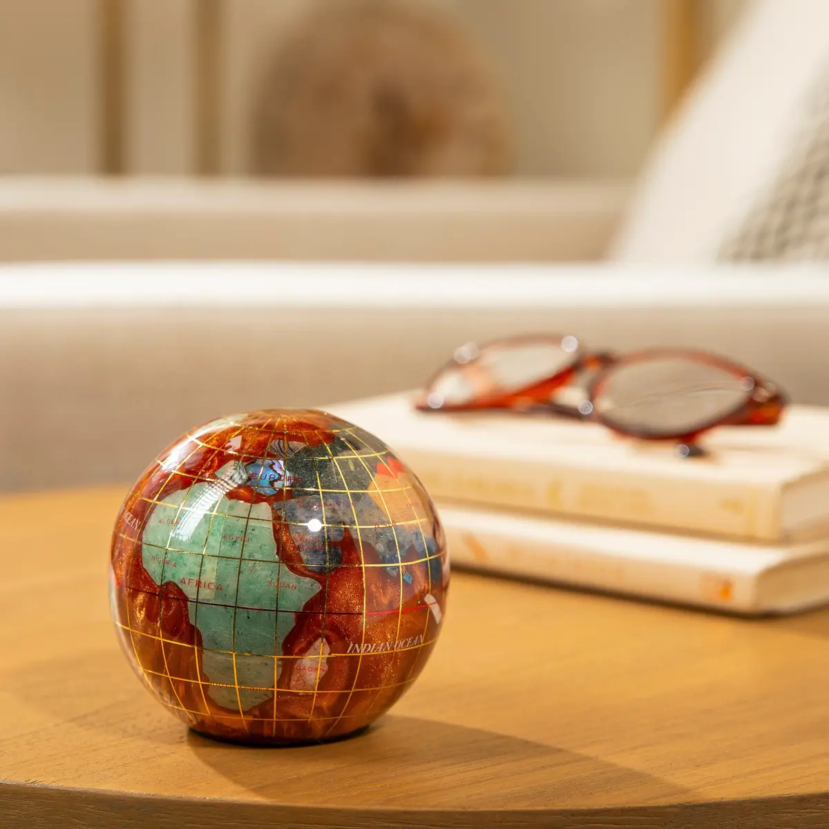 3" Gemstone Globe Paperweight With Copper Amber Opalite Ocean 1
