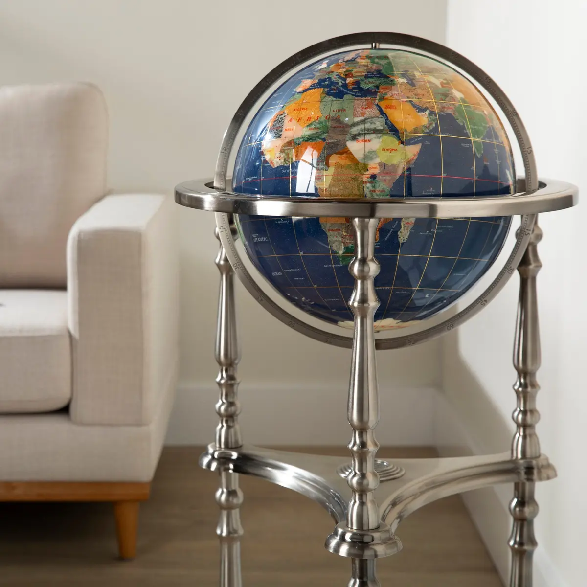 37" Tall Gemstone Globe With 13'" Lapis Ocean On Ambassador Antique Silver 3-Leg High Stand 1