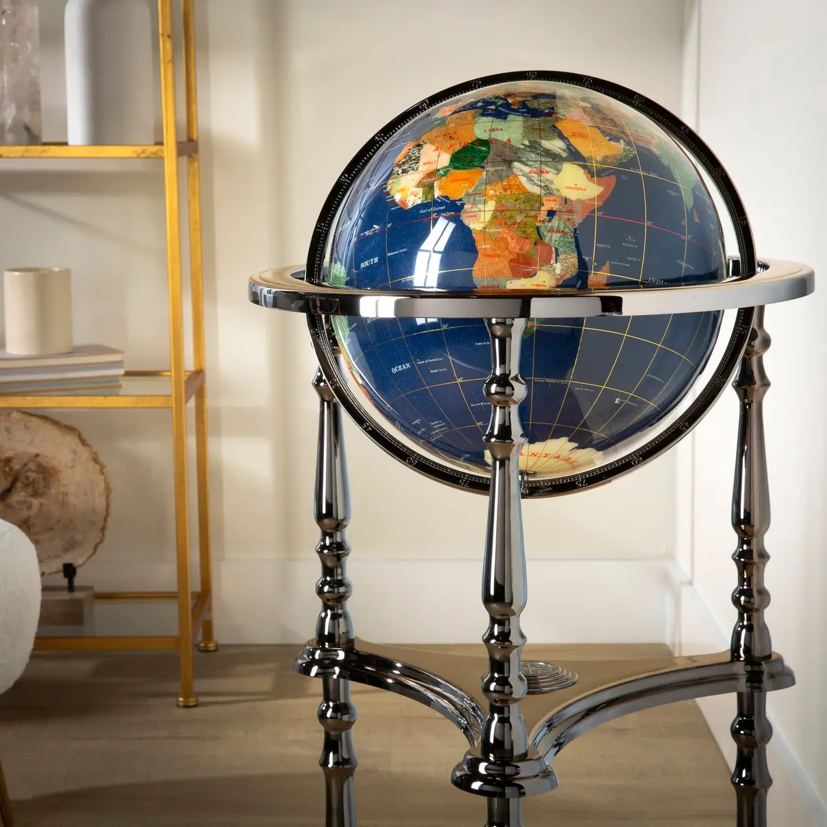 37" Tall Gemstone Globe With Lapis Ocean On Ambassador Gun Metal 3-Leg High Stand 1