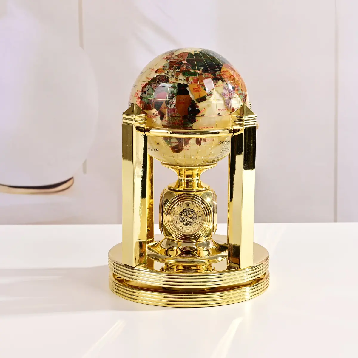 8.5" Tall Gemstone Globe With 4" Mother Of Pearl Diamond Cut Ocean On 24K Gold Plated Bi-Directional Rotating Stand 1