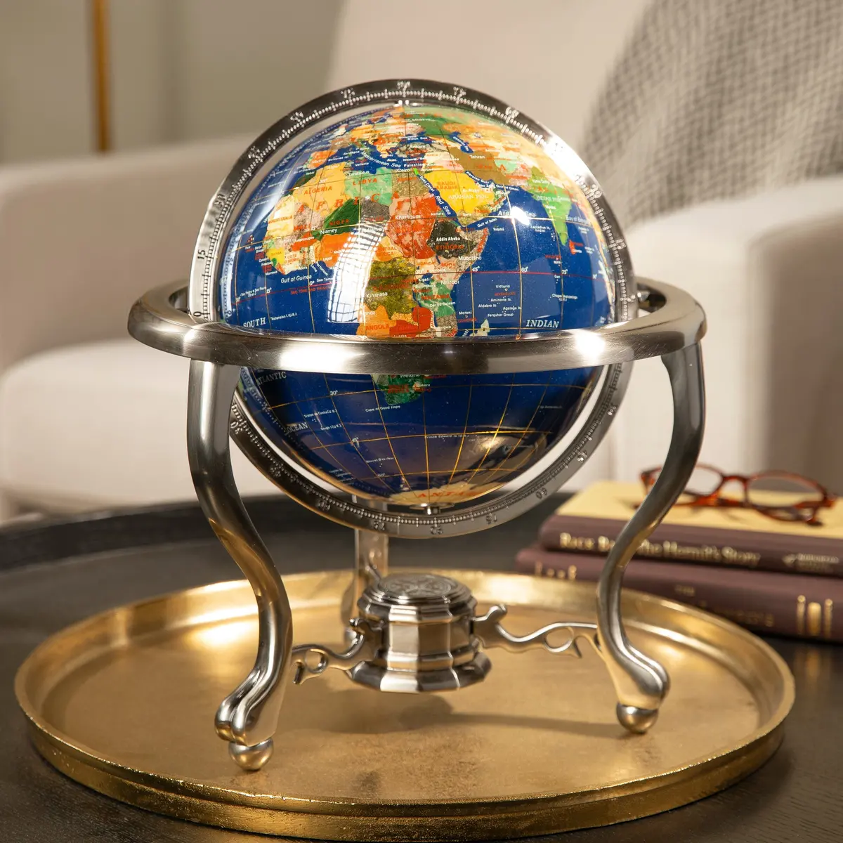 14” Tall Gemstone Globe With 9” Lapis Ocean On Antique Silver Stand 1