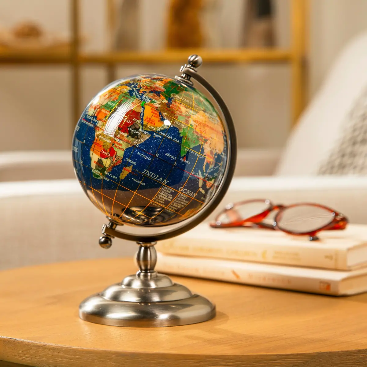 Gemstone Globe With Lapis Ocean On Antique Silver Stand - 7.25" 1