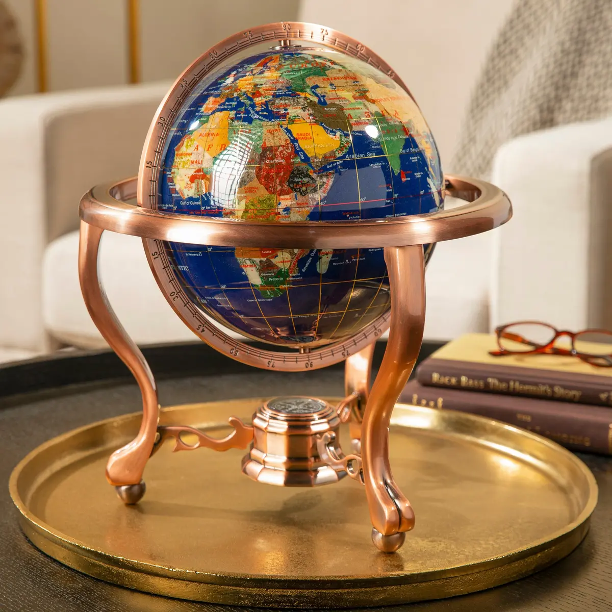 14" Tall Gemstone Globe With 9” Lapis Ocean On Copper Stand 1