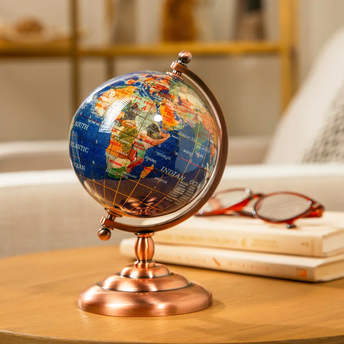 Gemstone Globe With Lapis Ocean On Copper Stand - 7.25" 1