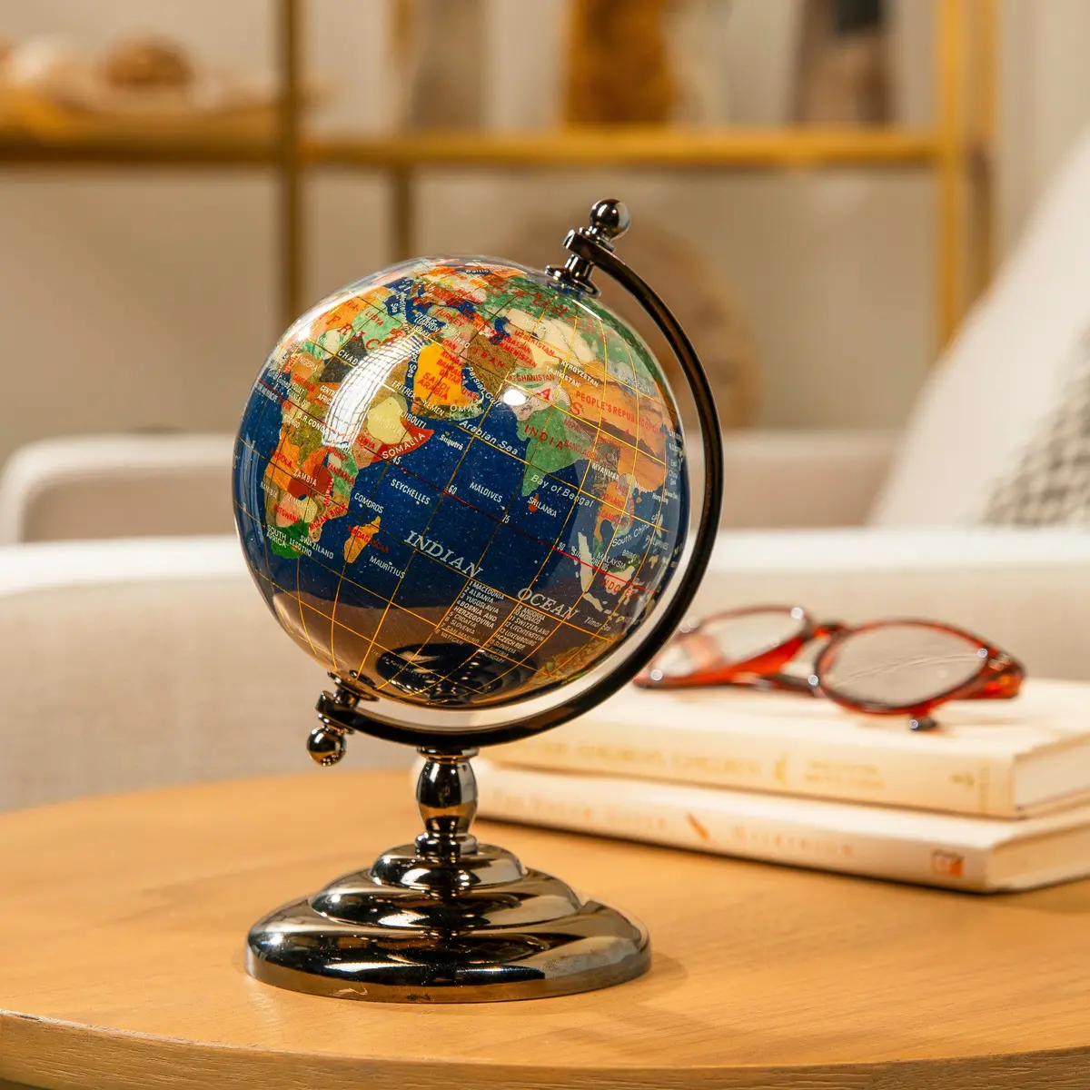 Gemstone Globe With Lapis Ocean On Gun Metal Stand - 7.25" 1