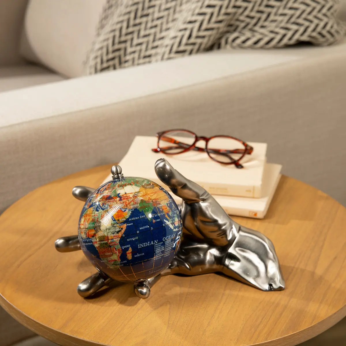 World In Your Hand - Gemstone Globe With Lapis Ocean Embraced With Antique Silver Base 1