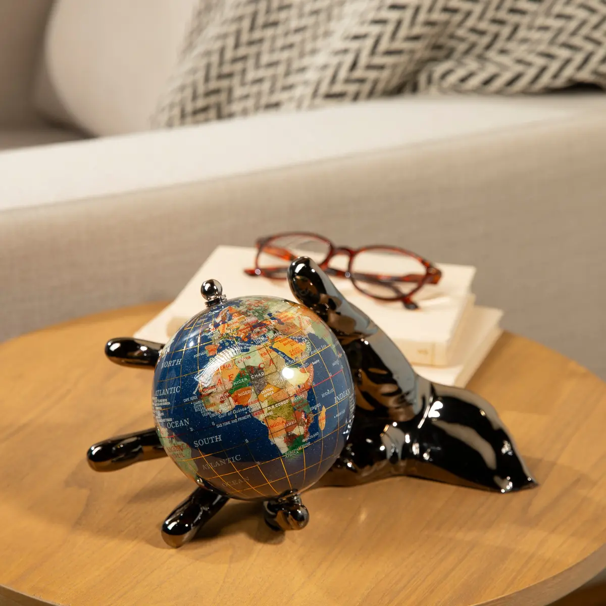 World In Your Hand - Gemstone Globe With Lapis Ocean Embraced With Gun Metal Base 1