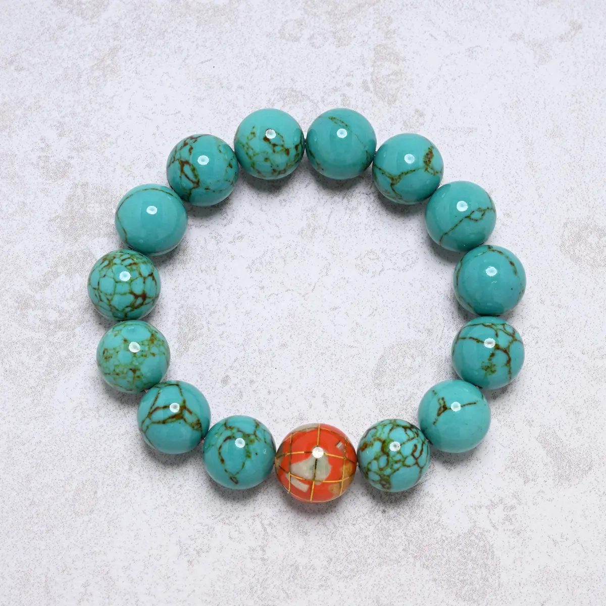 14Mm Howlite Turquoise Gemstone Elastic Bracelet With Orange Globe Accent Bead 1