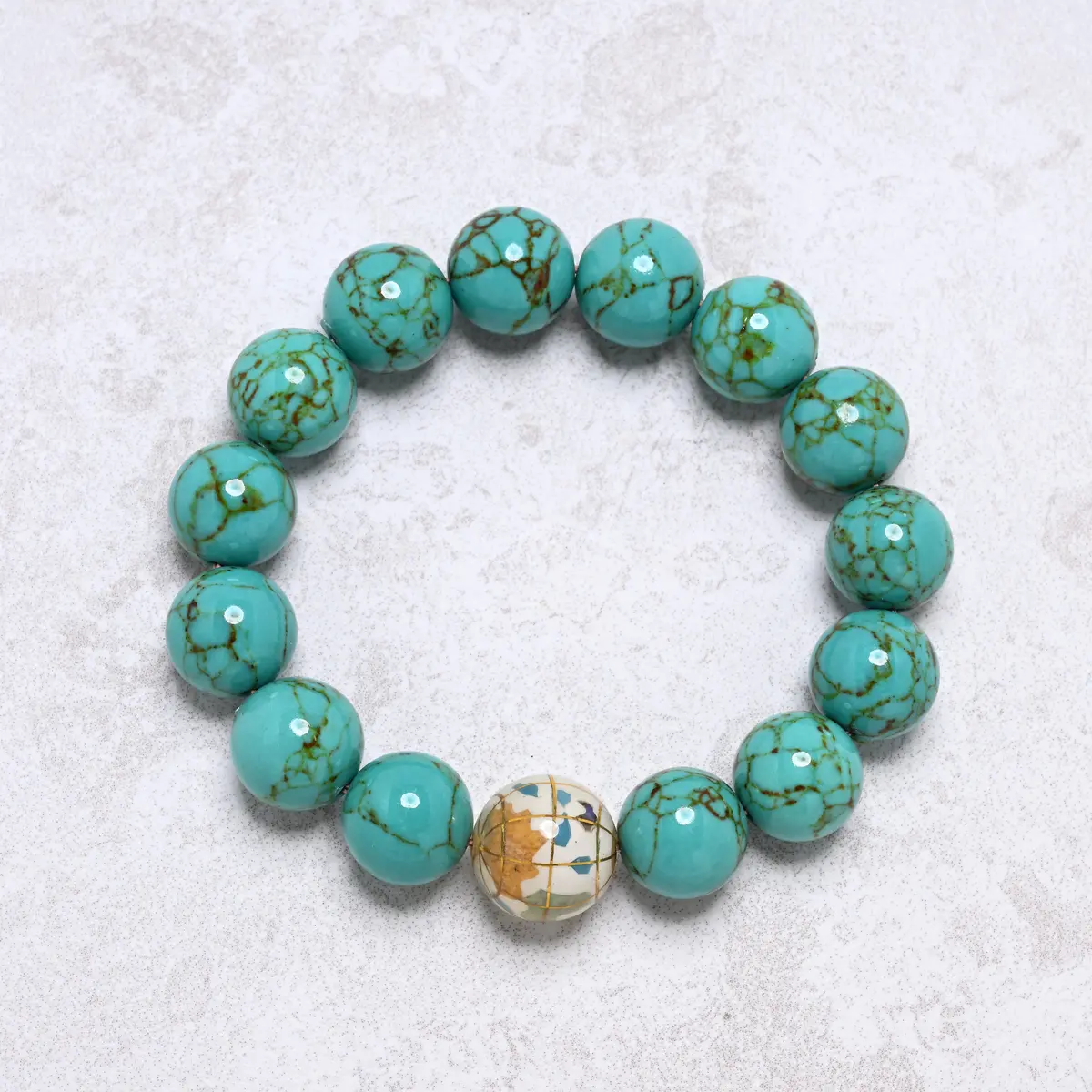 14Mm Howlite Turquoise Gemstone Elastic Bracelet With White Globe Accent Bead 1