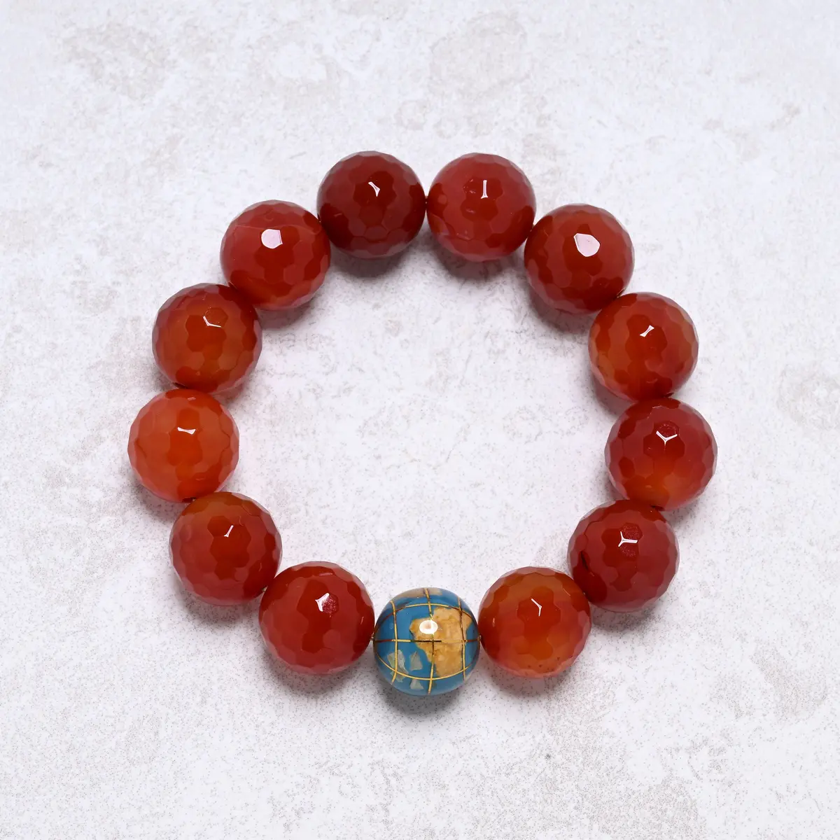 16Mm Carnelian Gemstone Elastic Bracelet With Blue Globe Accent Bead 1
