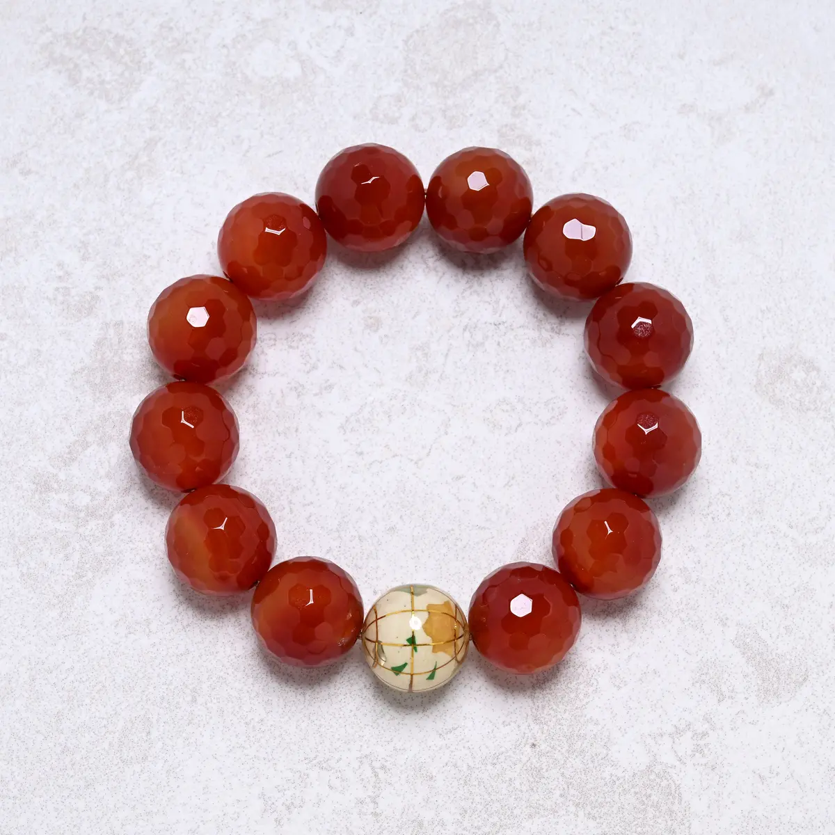 16Mm Carnelian Gemstone Elastic Bracelet With White Globe Accent Bead 1