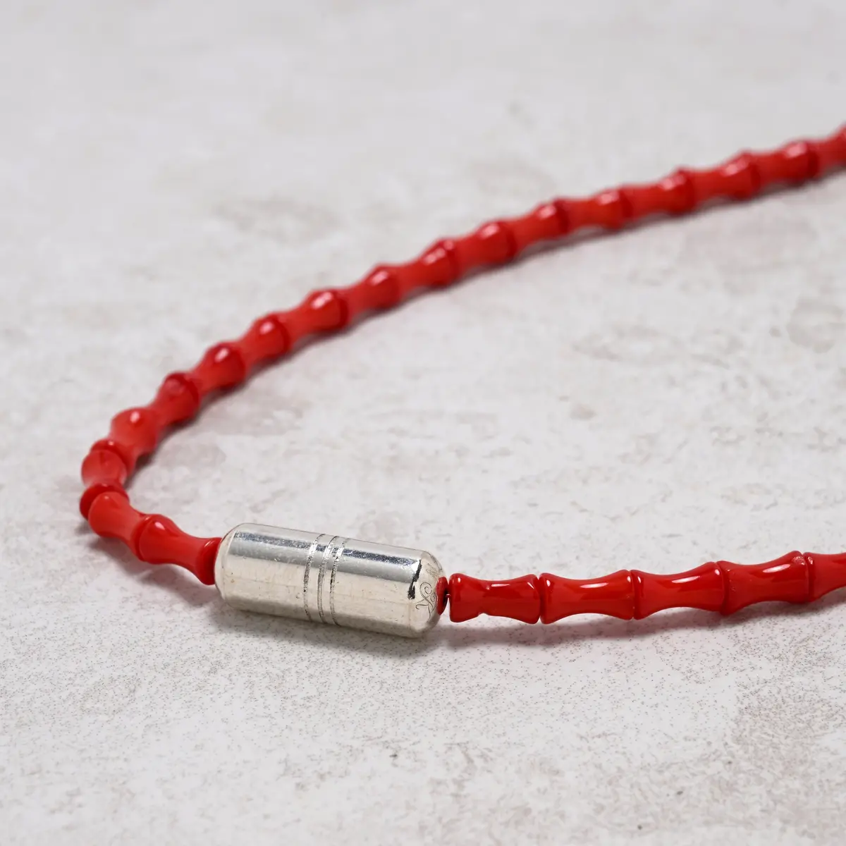 18" Genuine Coral Necklace With Native American Sterling Silver Barrel Bead 1