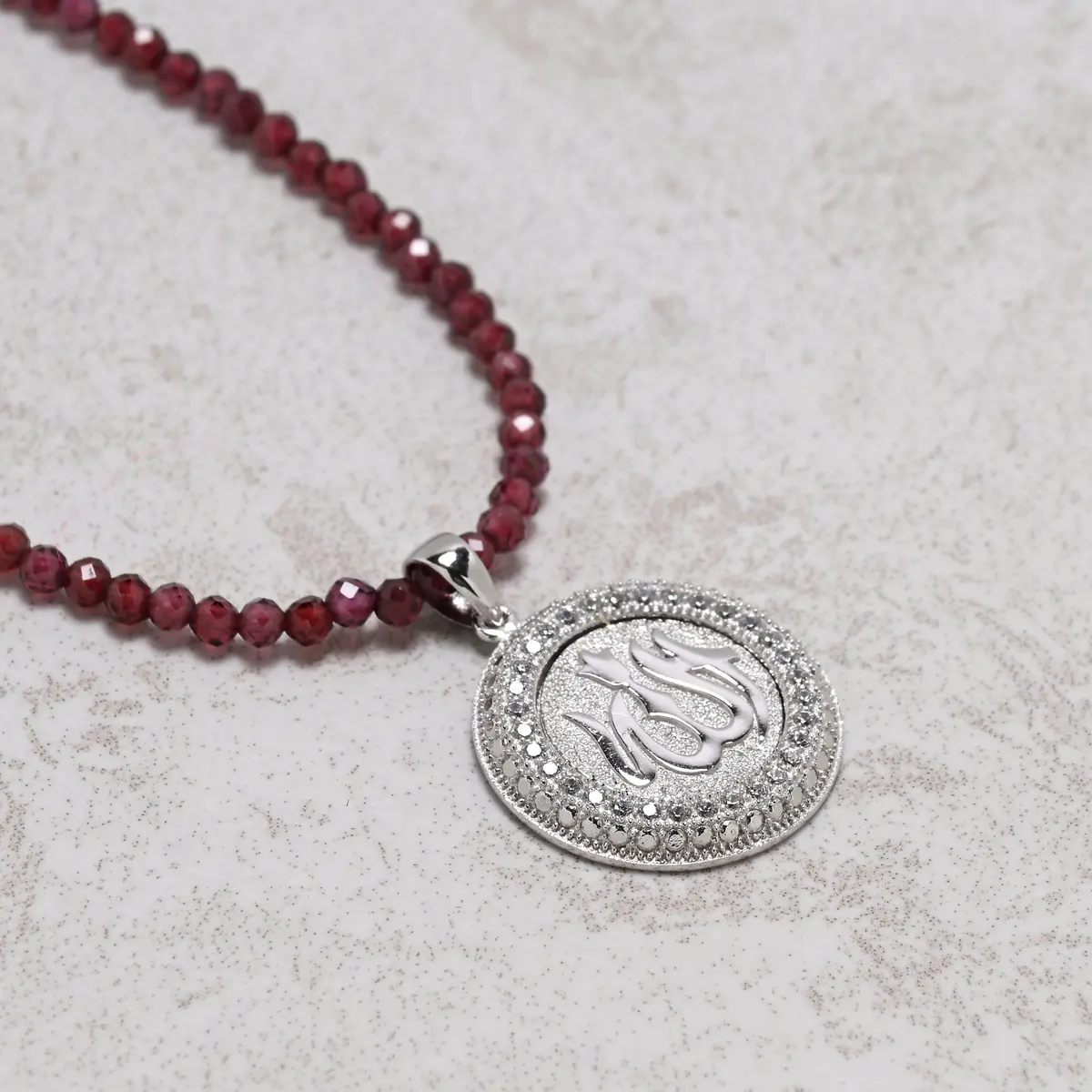 18" Natural Garnet Necklace With Sterling Silver Allah Charm 1