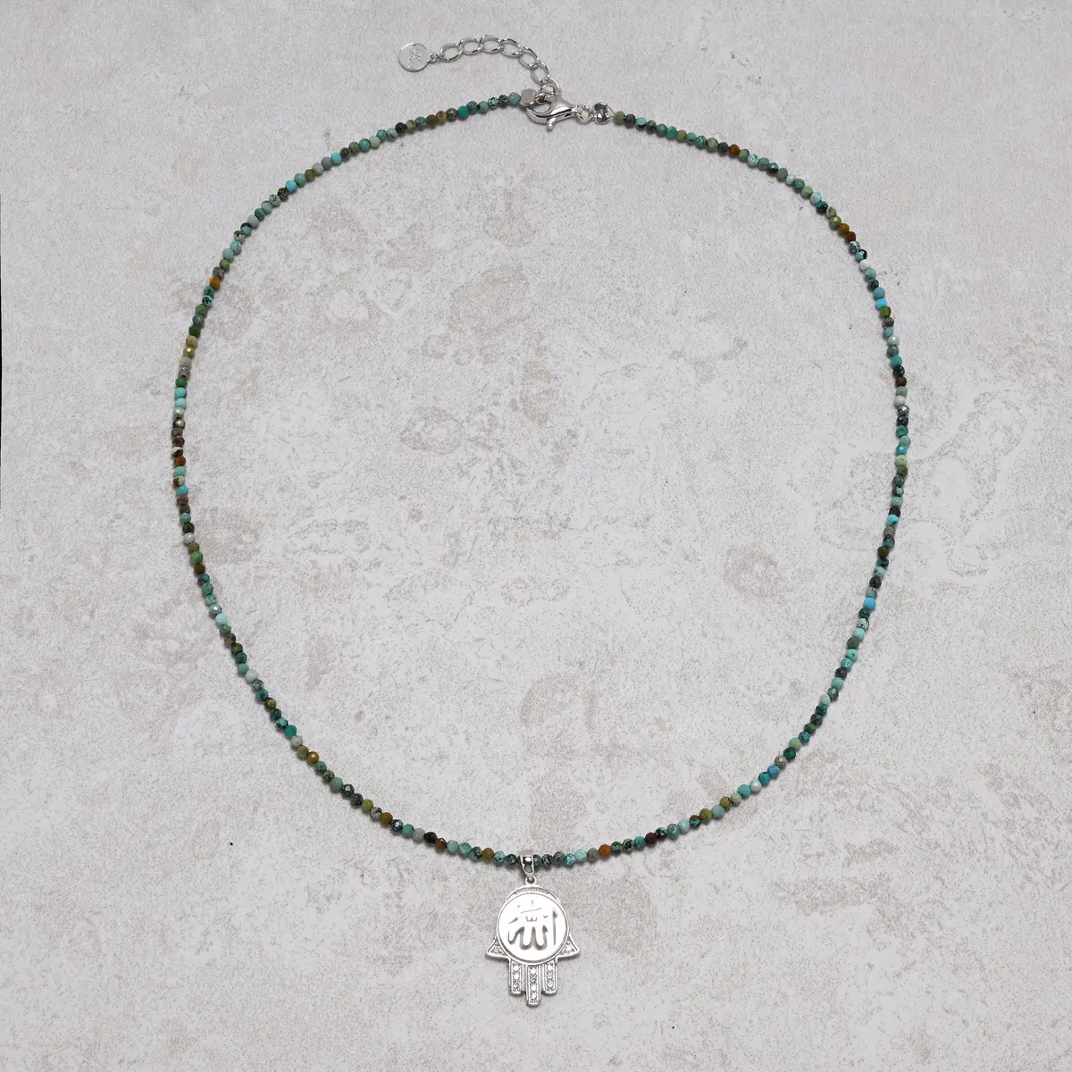 18" Natural Turquoise 2Mm Necklace With Sterling Silver Allah Charm 1