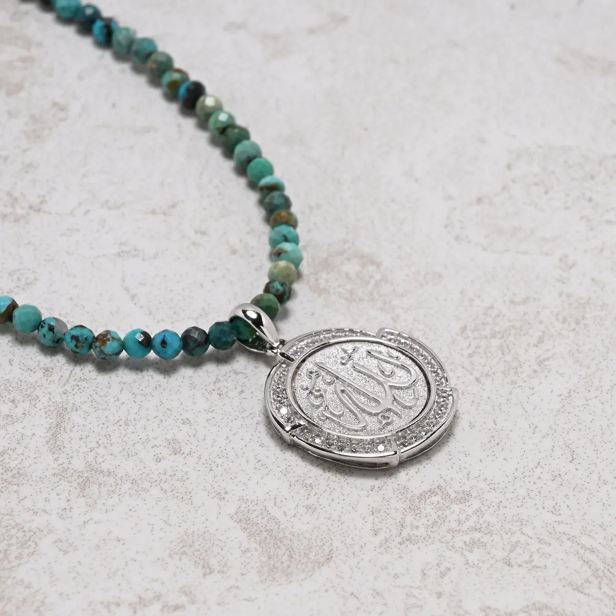 18" Natural Turquoise 3Mm Necklace With Sterling Silver Allah Charm 1