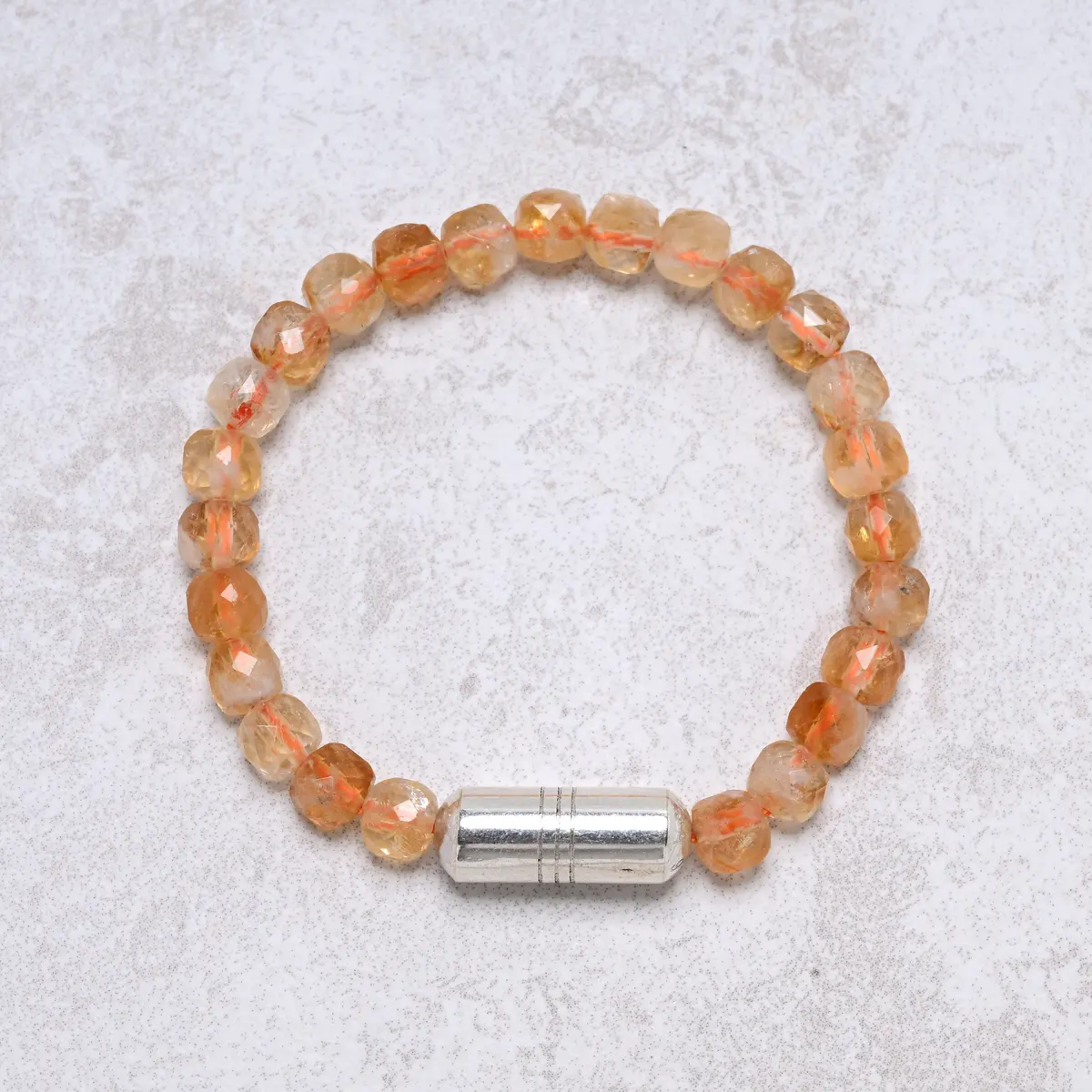 Elastic Genuine Citrine Beaded Bracelet With Vintage Native American Sterling Silver Barrel Bead 1