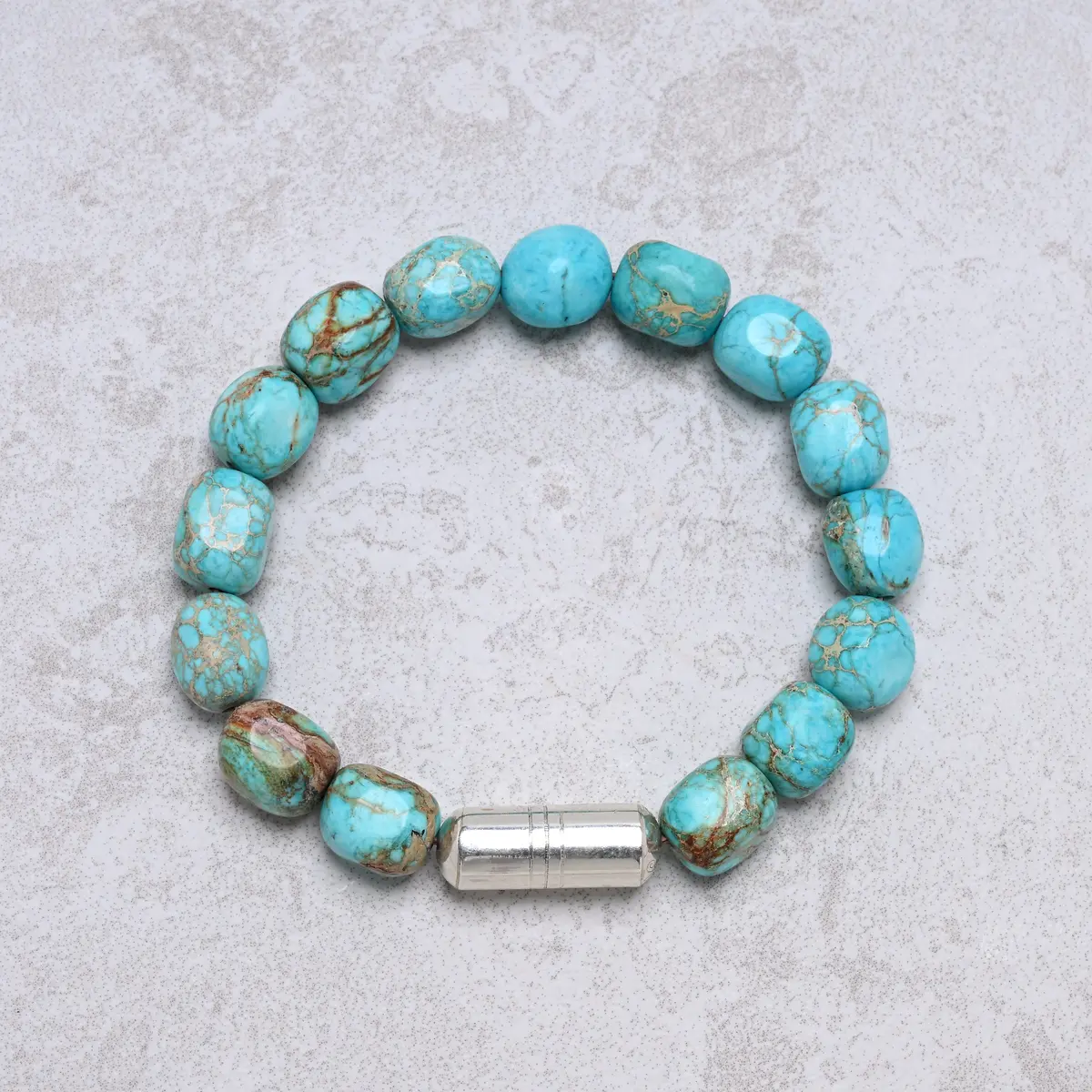 Elastic Howlite King Turquoise Bracelet With Vintage Native American Sterling Silver Barrel 1
