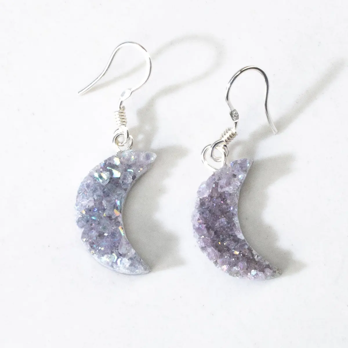 Aura Borealis Druzy Amethyst Crescent Moon Sterling Silver Earings 1