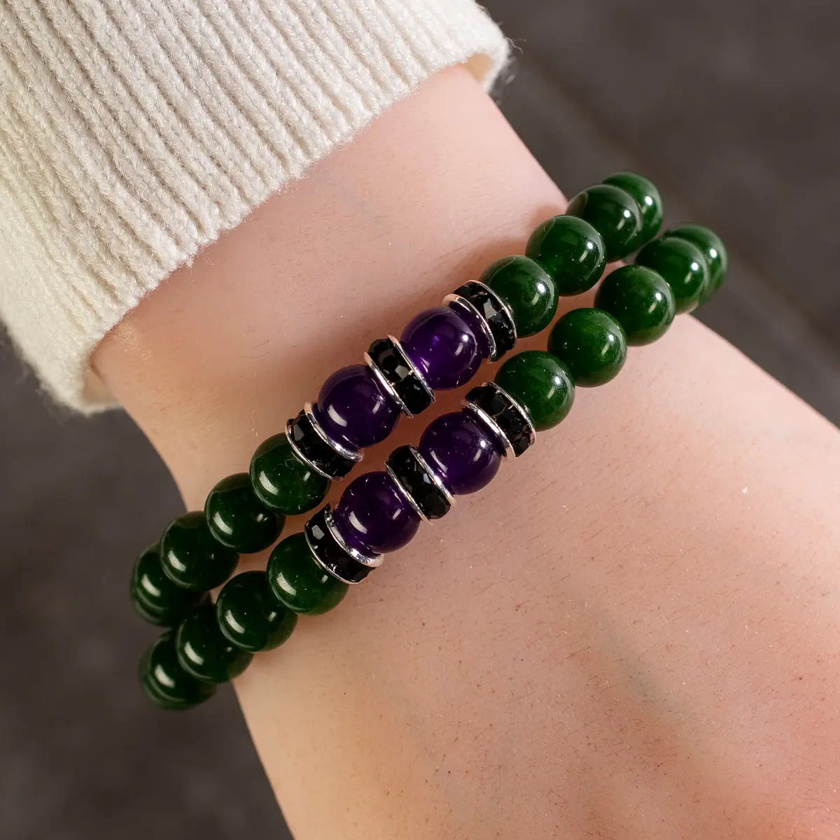 Aventurine  8Mm Beads With Amethyst And Black And Silver Accent Beads Double Wrap Elastic Gemstone Bracelet 1