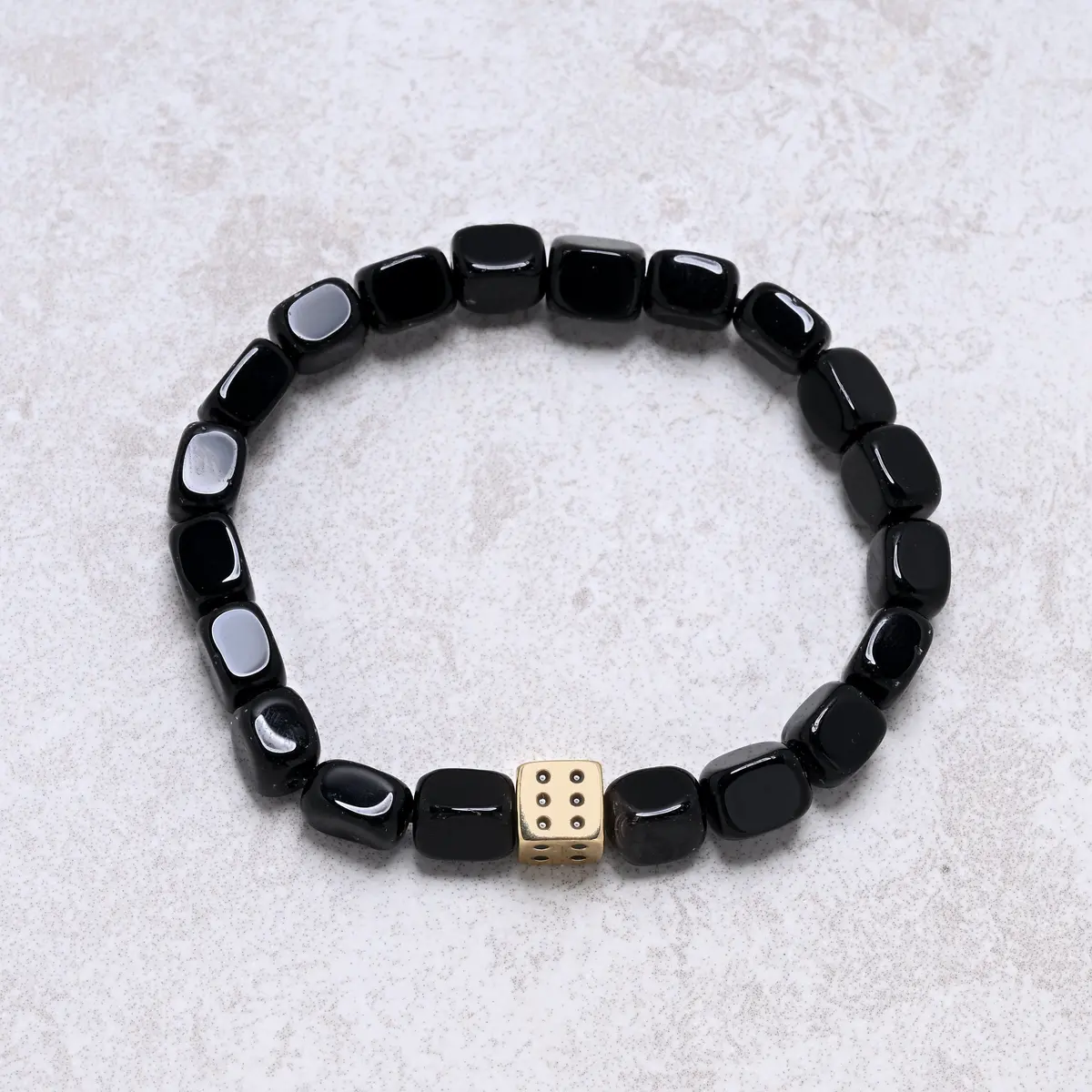 Black Agate Natural Gemstone Stretch Bracelet With Dice Accent Bead 1