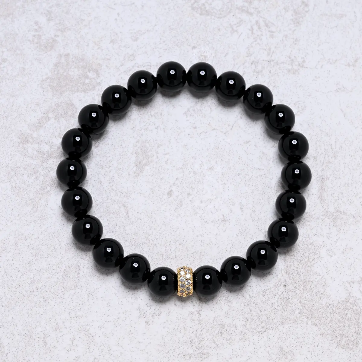 Black Agate 8Mm Natural Gemstone Stretch Bracelet With Cz Accent Bead 1