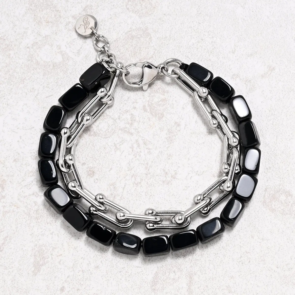 Black Agate & Hardware Style Stainless Steel Chain Bracelet 1