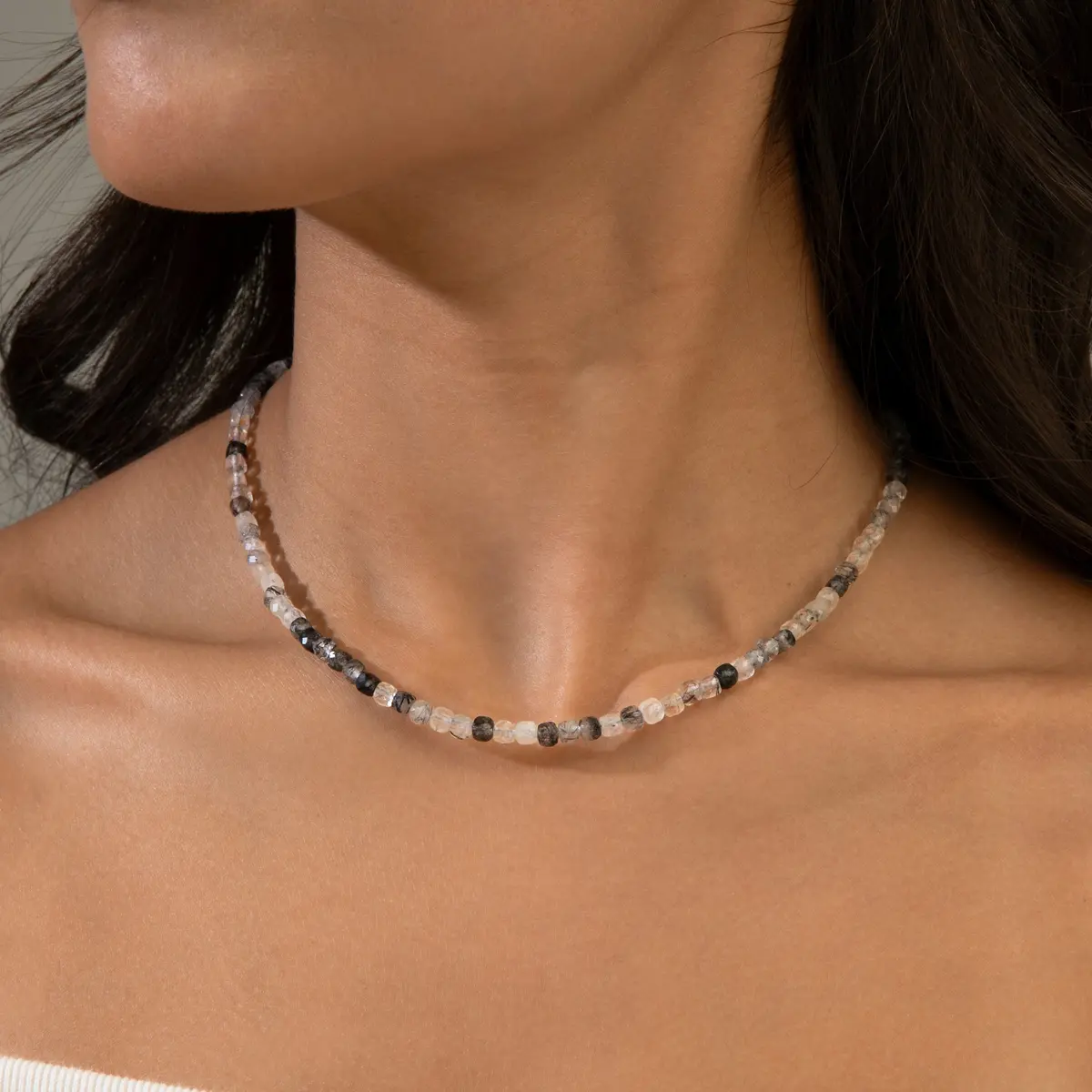 Black Rutilated Quartz 4Mm Necklace With Sterling Silver Clasp - 16" 1