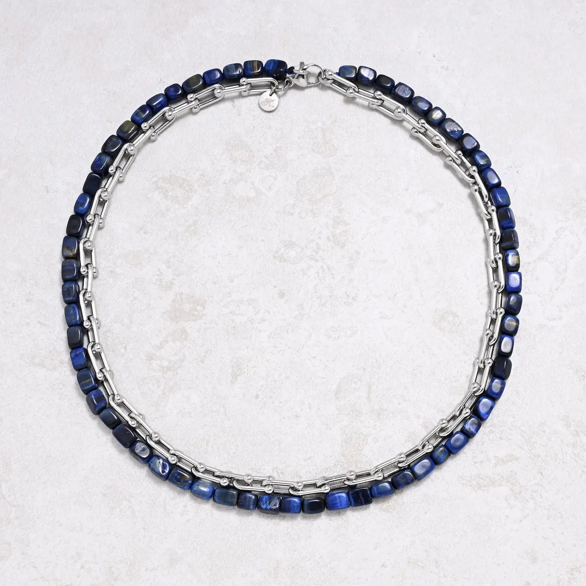 Blue Tiger Eye & Hardware Style Chain Adjustable Necklace 1