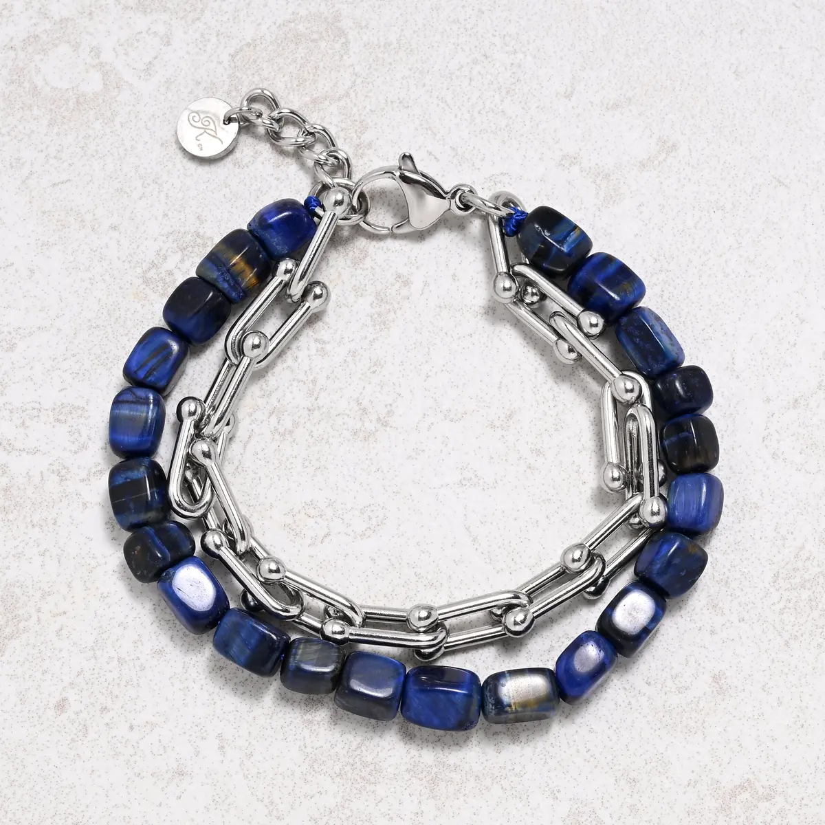 Blue Tiger Eye & Hardware Style Stainless Steel Chain Bracelet 1